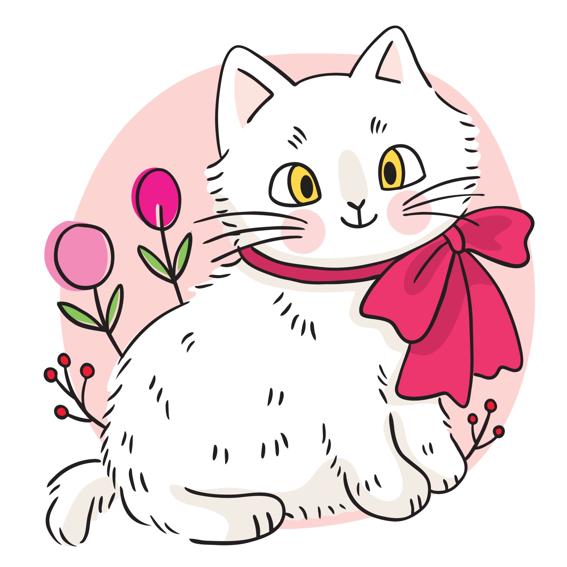 mão desenhar desenho animado bonito gato branco e vetor de flor doce.  3137176 Vetor no Vecteezy