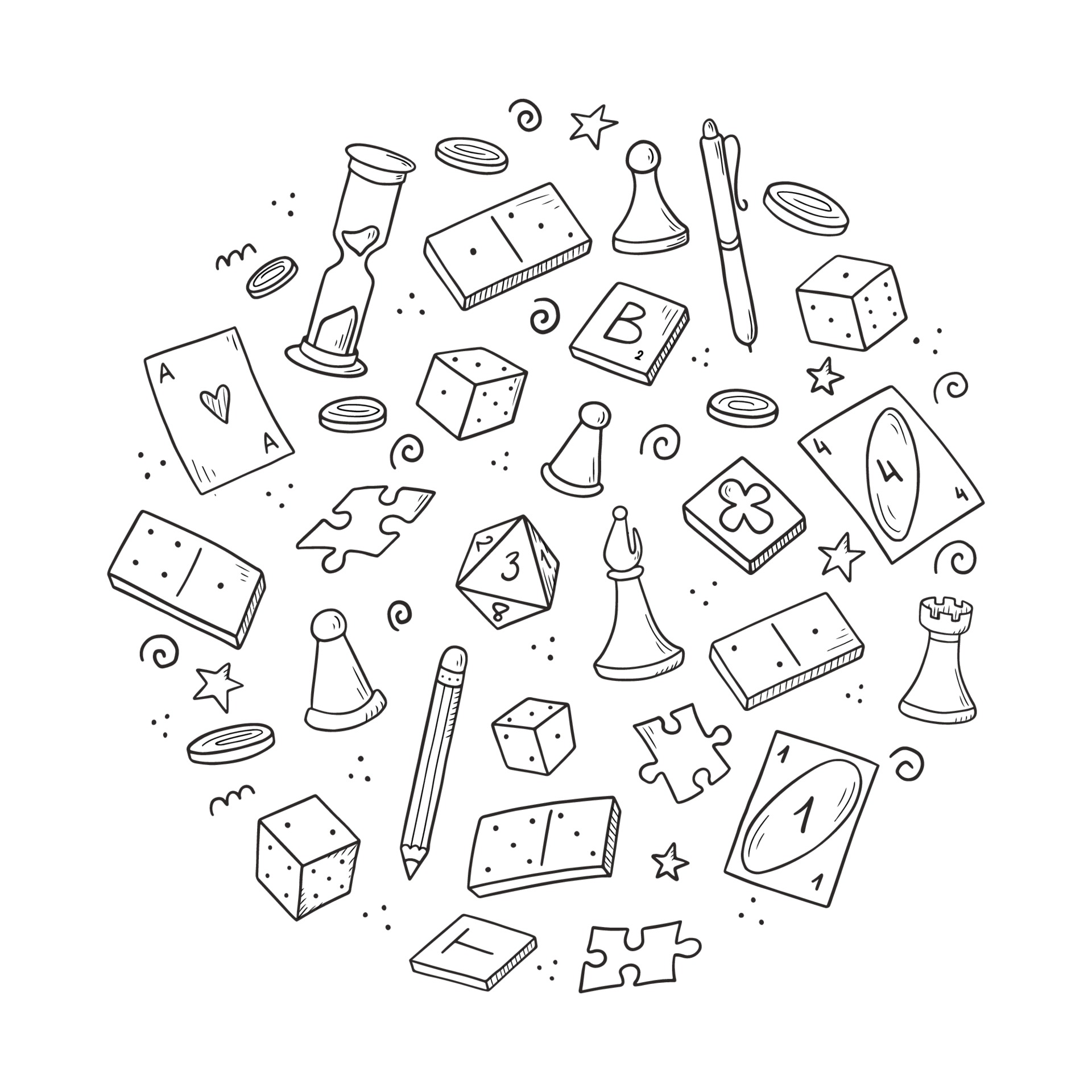 conjunto de doodle de jogos de tabuleiro. damas, xadrez, cartas, gamão em  estilo de desenho. ilustração vetorial desenhada à mão isolada no fundo  branco 14960234 Vetor no Vecteezy