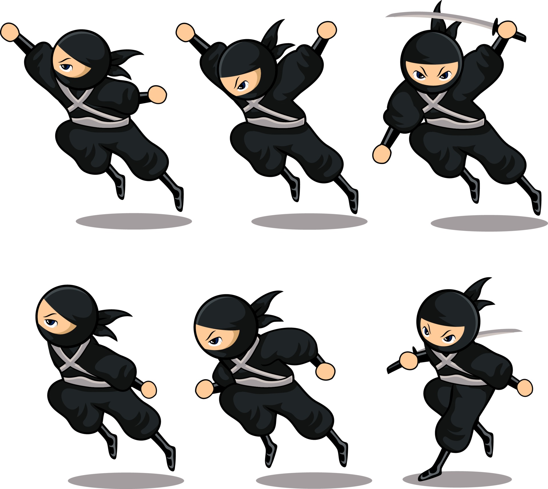 ninja de desenho animado preto define 12 com seis poses diferentes 3381499  Vetor no Vecteezy