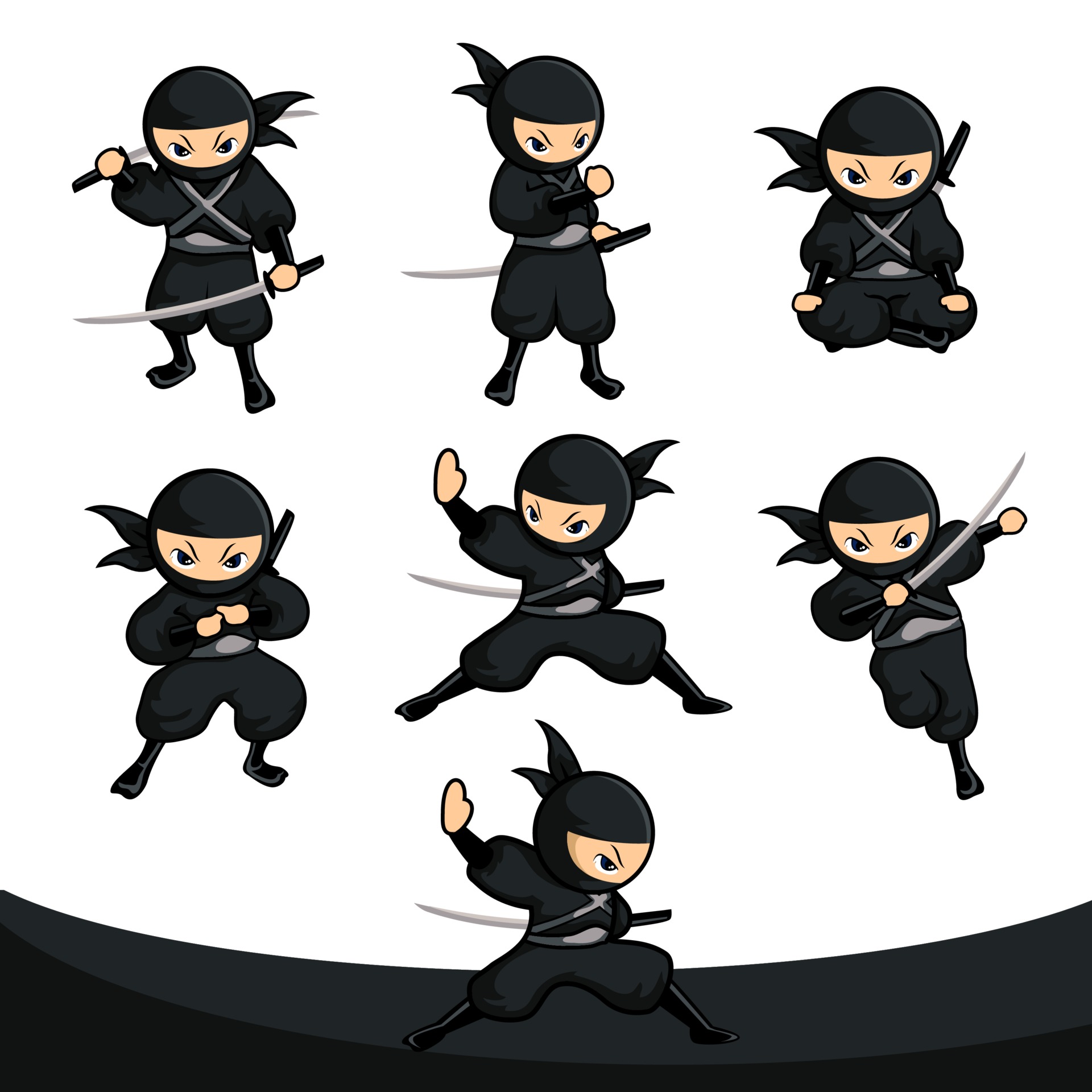 Conjunto de ninja bonito dos desenhos animados em várias poses., Vetor  Premium