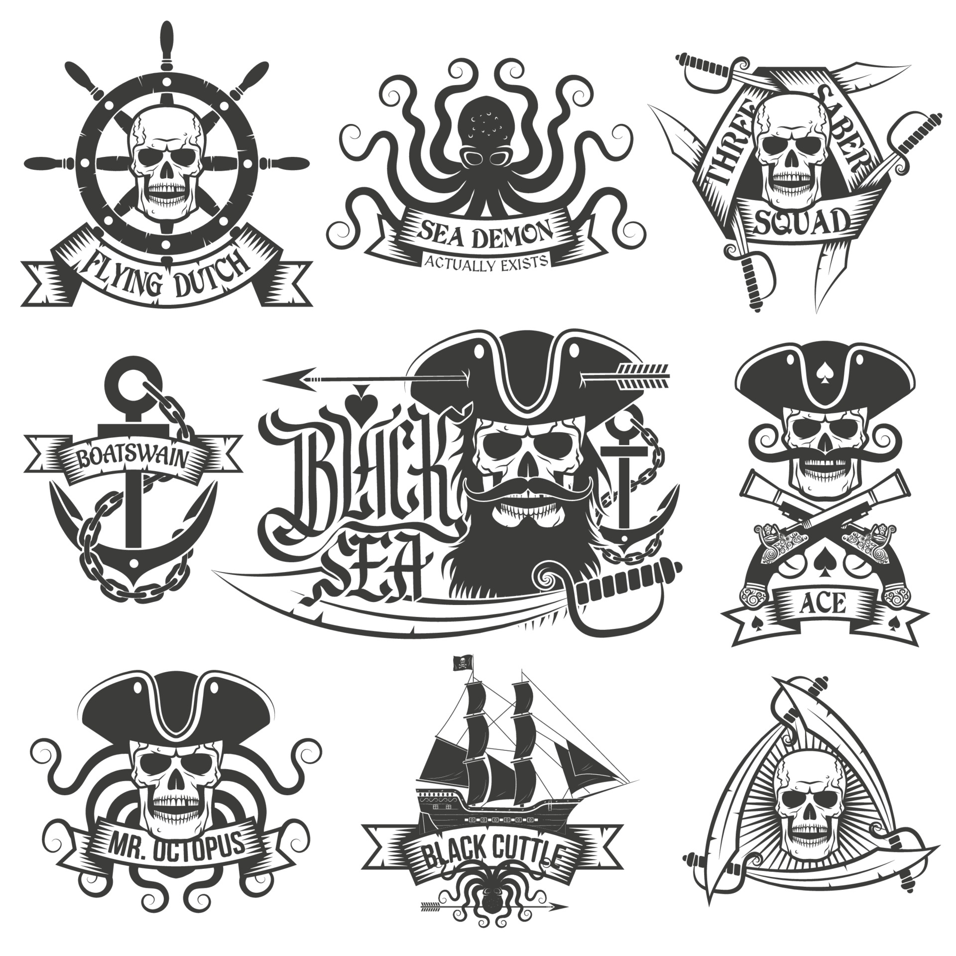 conjunto de tatuagem de pirata. logotipos piratas únicos 3398213 Vetor no  Vecteezy