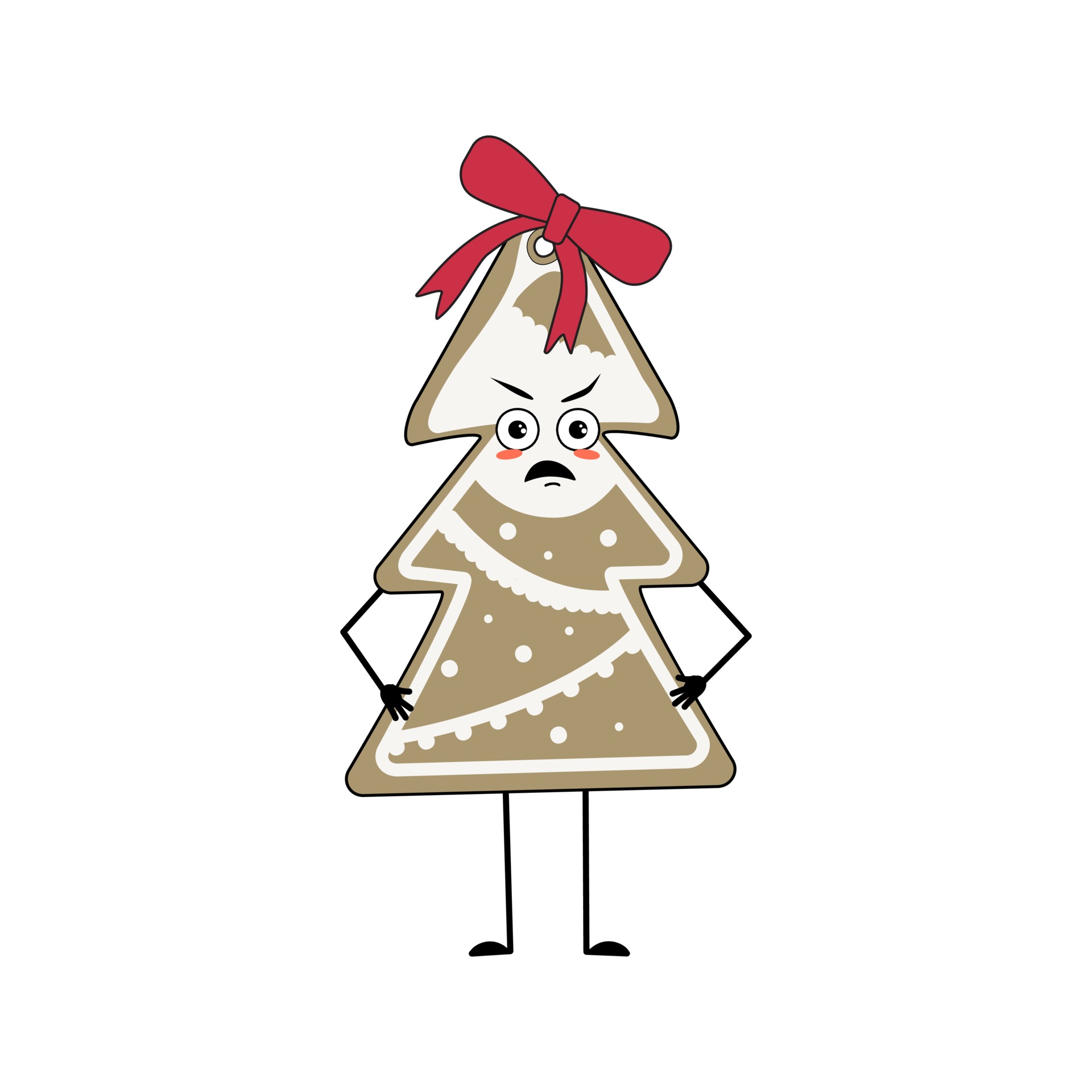personagem bonita de biscoito de gengibre em forma de uma árvore de Natal  com emoções raivosas, rosto, mãos e pernas. doces de feliz ano novo. o  herói da comida engraçado ou mal-humorado,
