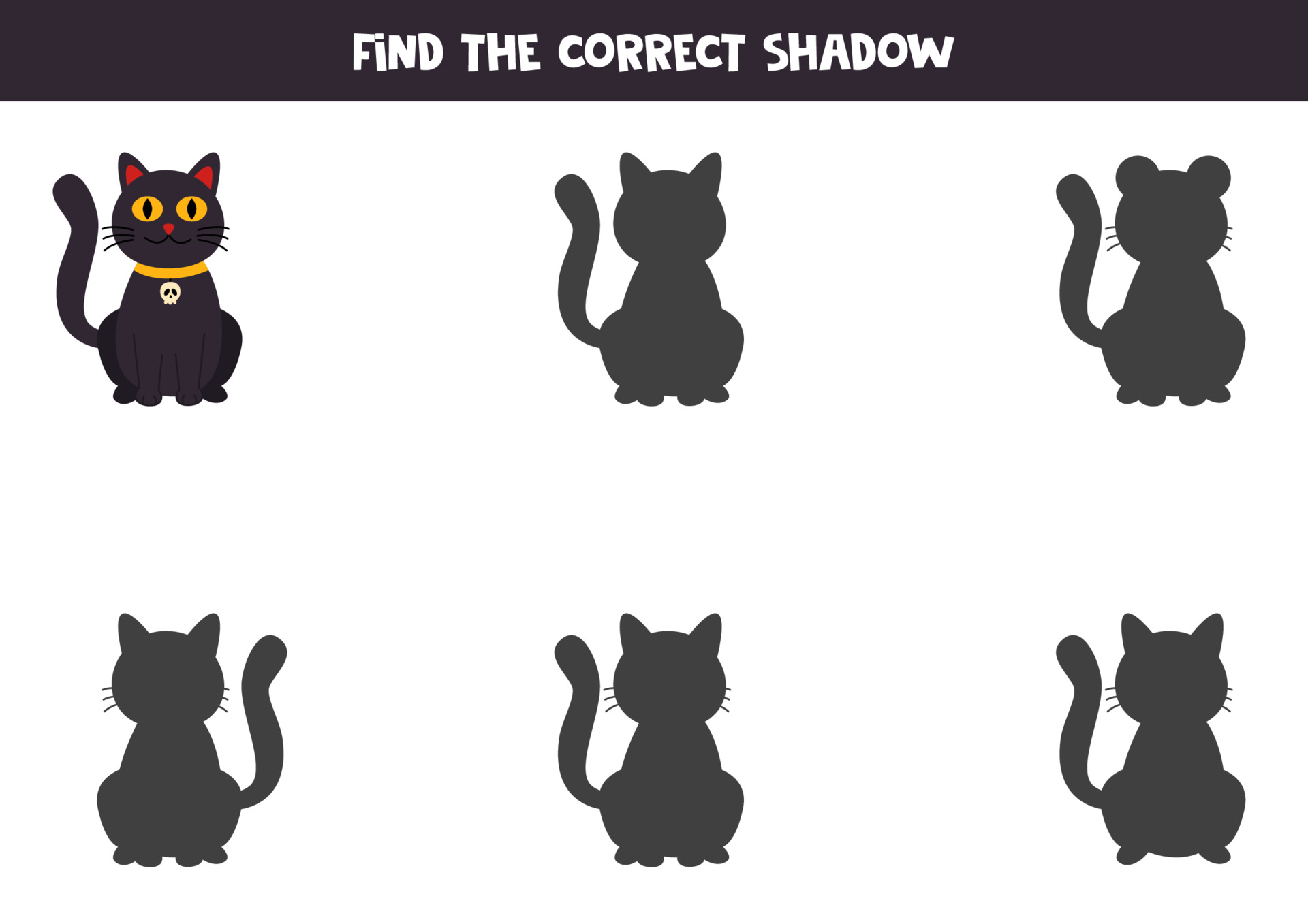 Encontre o jogo de sombras correto com o gato preto. planilha para crianças  em idade pré-escolar, planilha de atividades para crianças