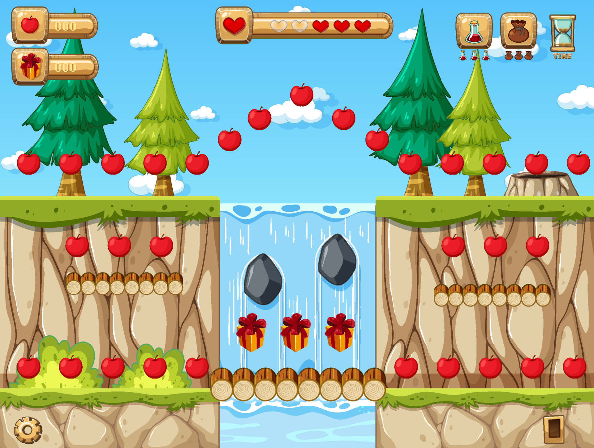 modelo de cena de jogo de plataforma com jogo de coleta de maçãs