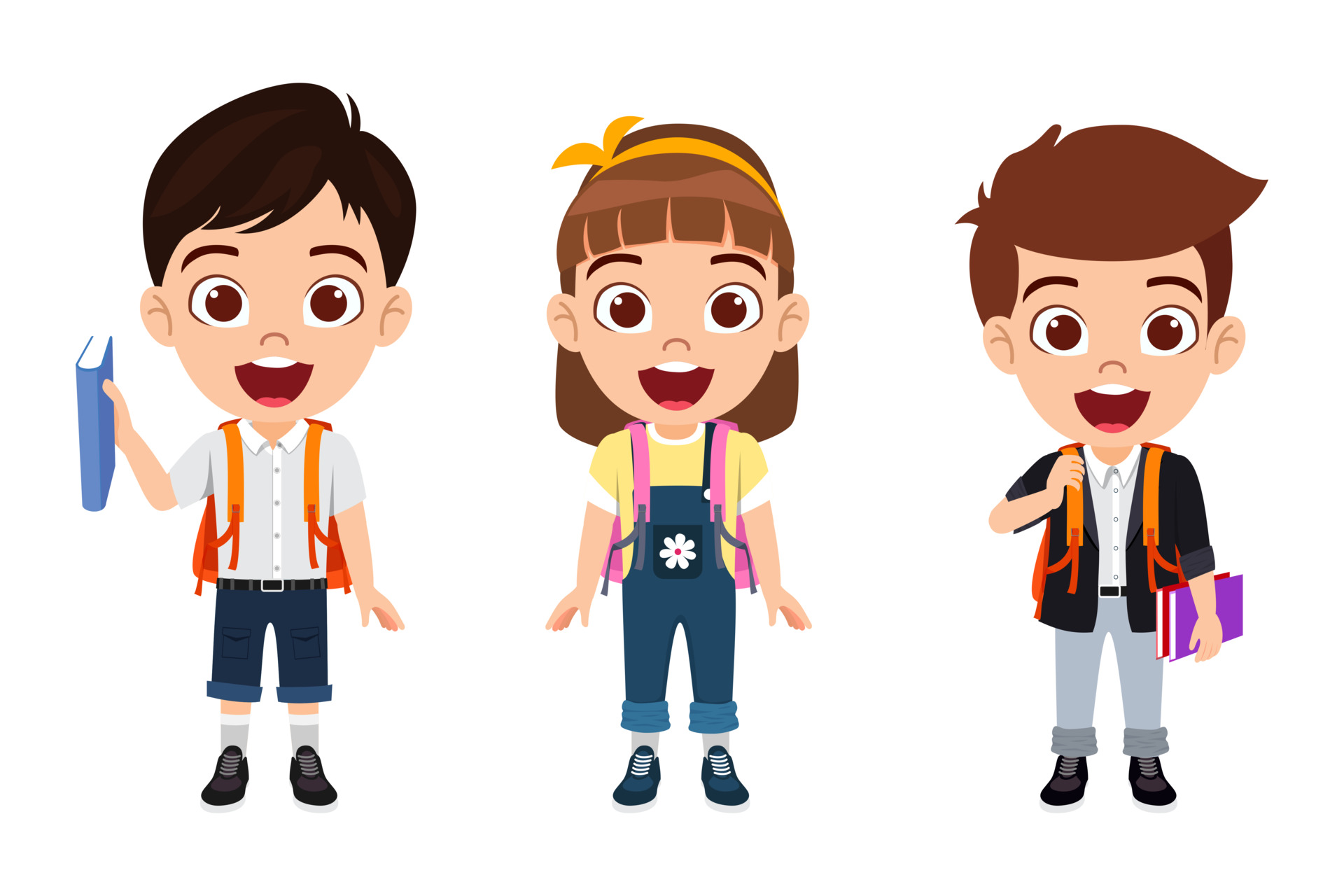 As crianças vão para a escola alunos de desenho animado kawaii crianças  fofas personagens de educação pré-escolar menino menina com roupa de livro  conjunto de vetores decentes de uniforme universitário