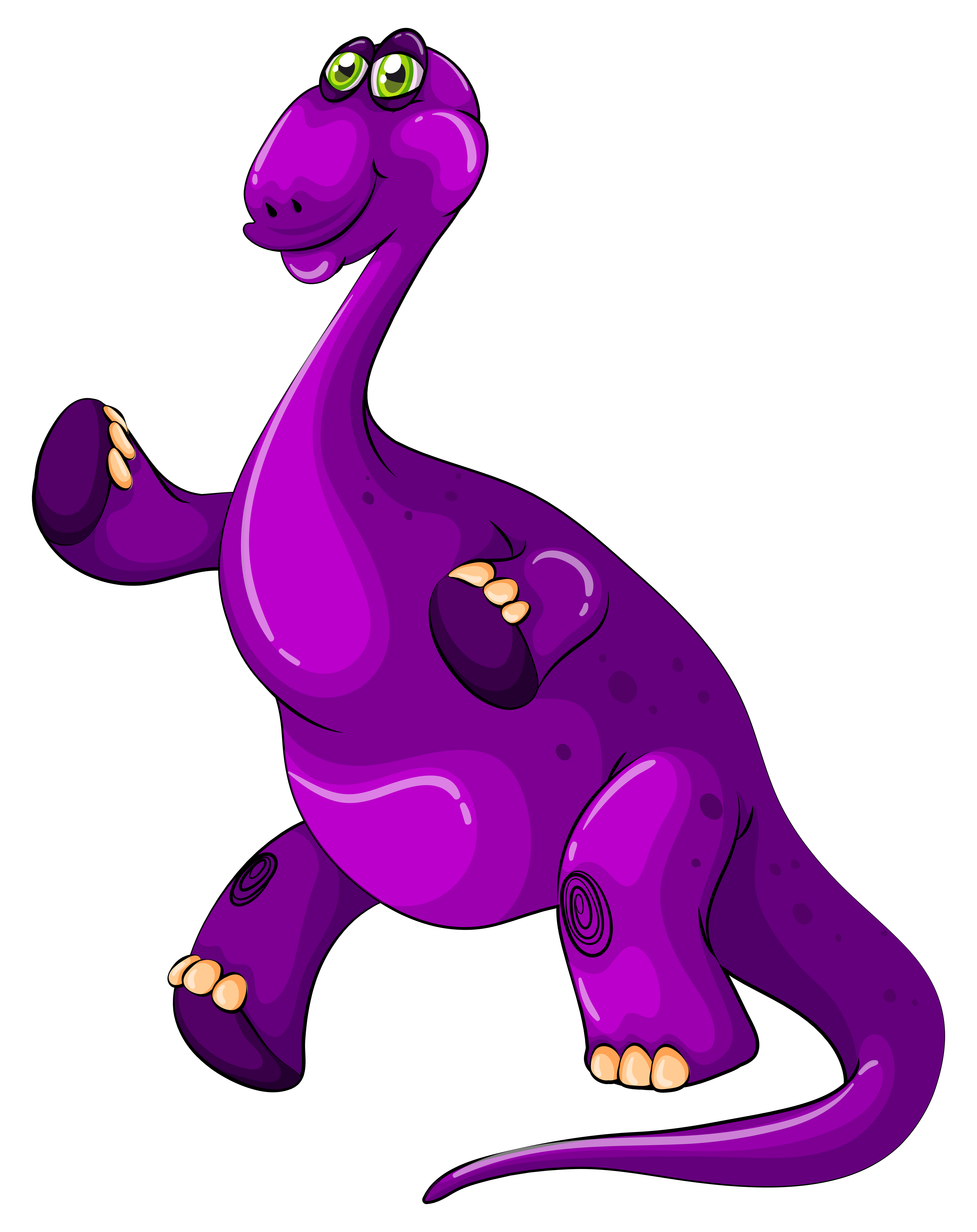 Desenho de um dinossauro roxo com um diplodoco no pescoço longo