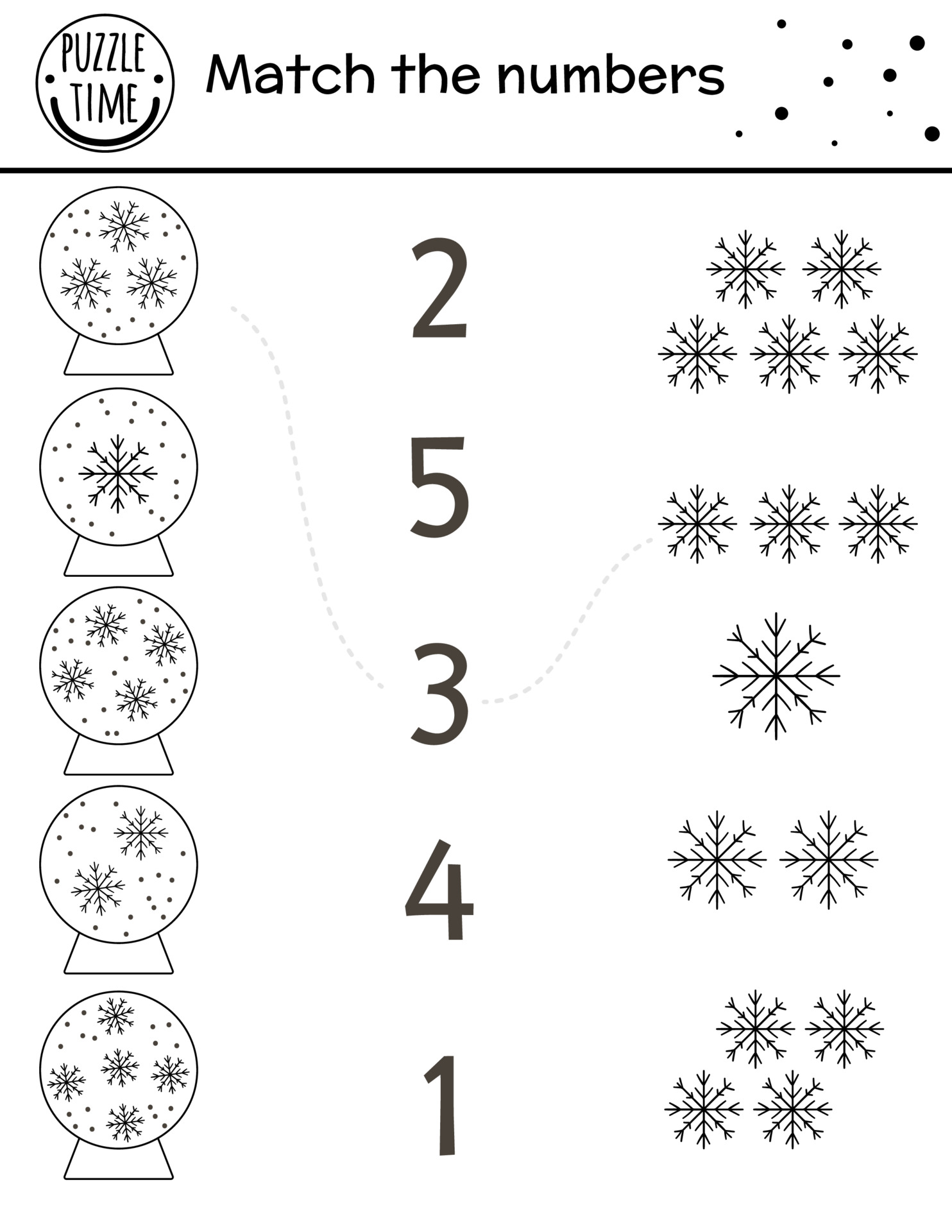 jogo de correspondência de Natal preto e branco com globos de neve e flocos  de neve. atividade matemática de inverno para crianças em idade pré-escolar.  folha de cálculo educacional de ano novo