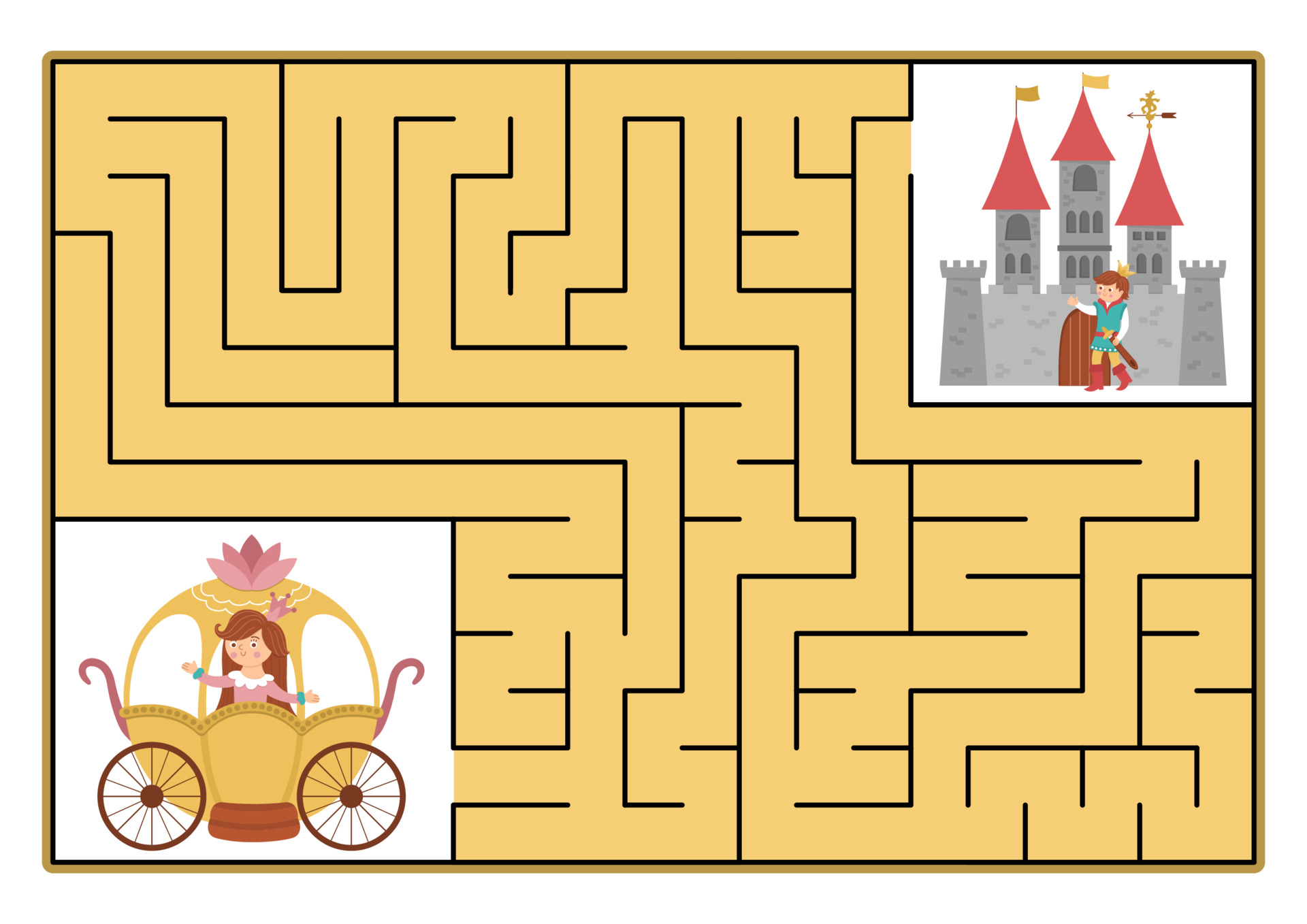 labirinto, estrada ou caminho do príncipe para a princesa pelos