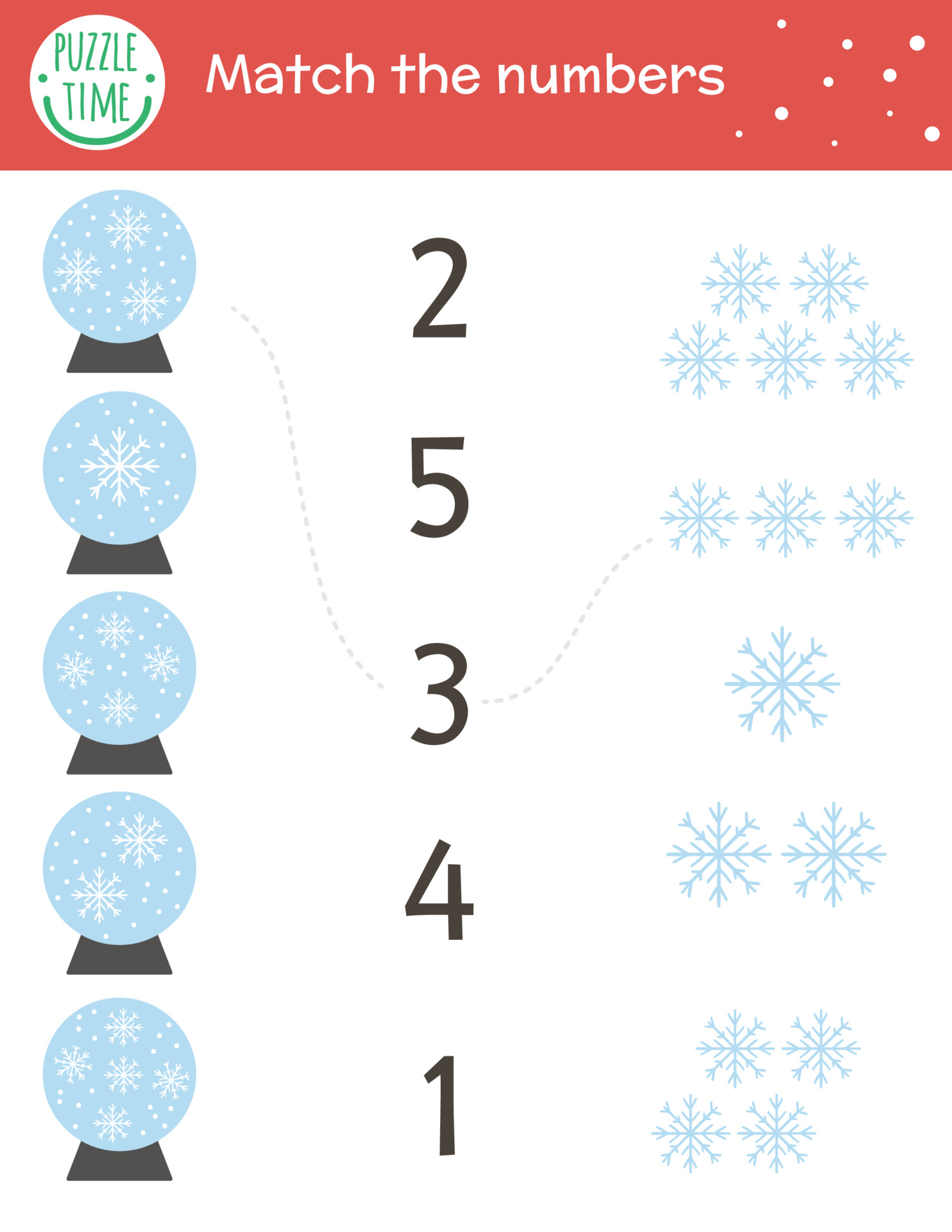 jogo de correspondência de natal com globos de neve e flocos de neve.  atividade matemática de inverno para crianças em idade pré-escolar.  planilha educacional de contagem de ano novo para impressão com