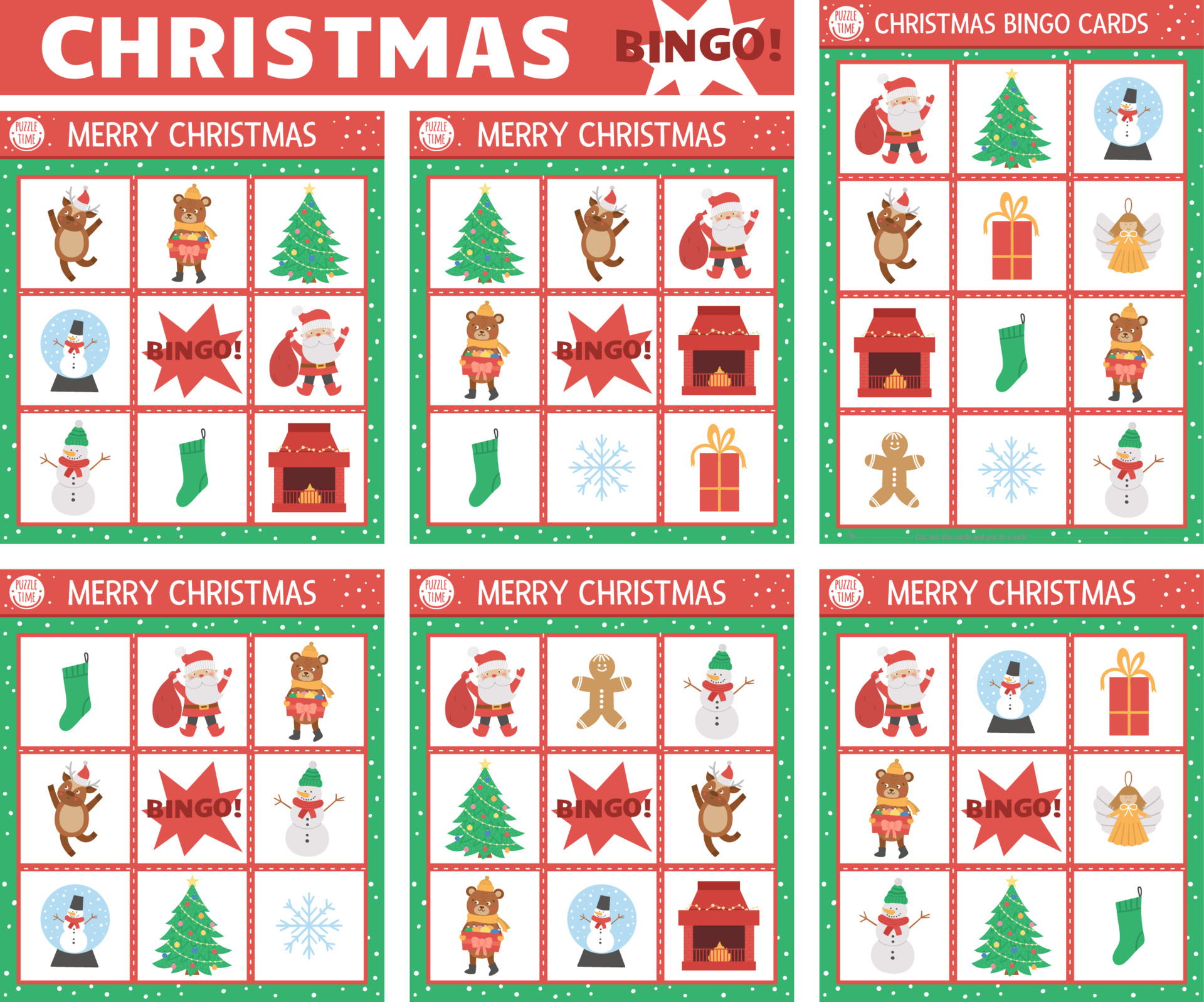 conjunto de cartões de bingo de Natal de vetor. divertido jogo de tabuleiro  de loto para a família com o lindo papai noel, árvore de natal, boneco de  neve para crianças. atividade
