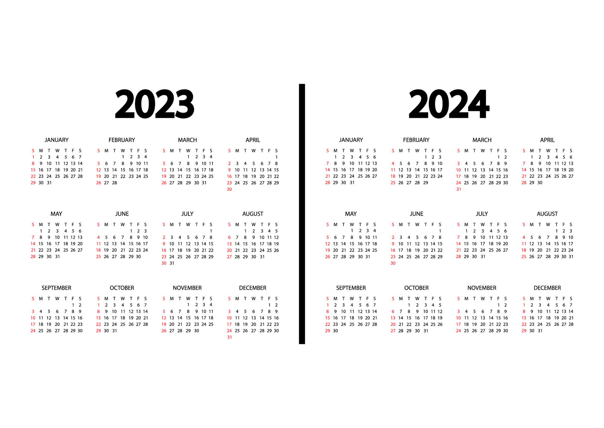 calendário de 2023, 2024 anos. a semana começa no domingo. modelo de ...