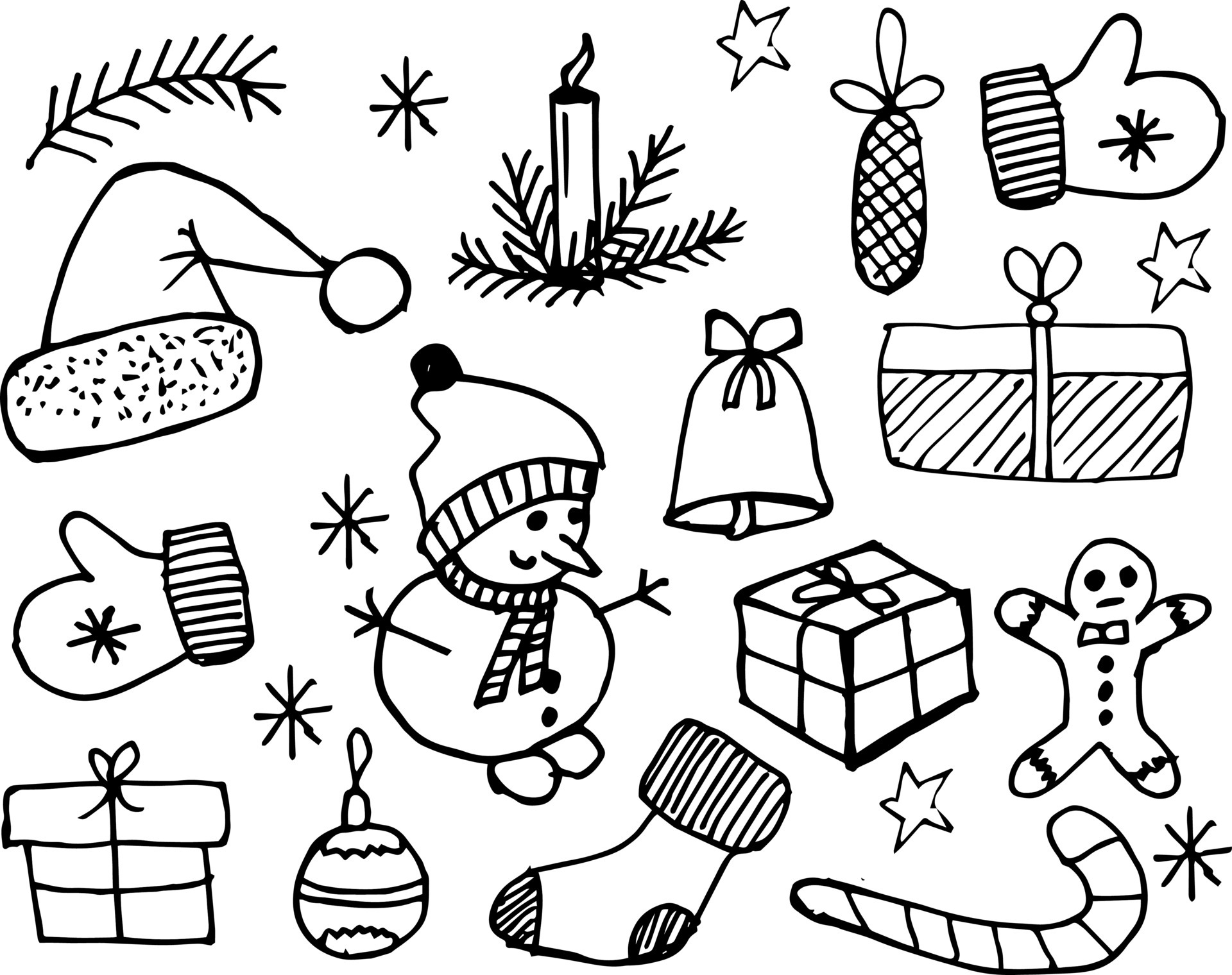 ilustração de natal, símbolos desenhados à mão do ano novo, contorno  doodles boneco de neve, vela, bola, pão de gengibre, sino, presente,  chapéu, meia e outros, para têxteis, papel 4439670 Vetor no
