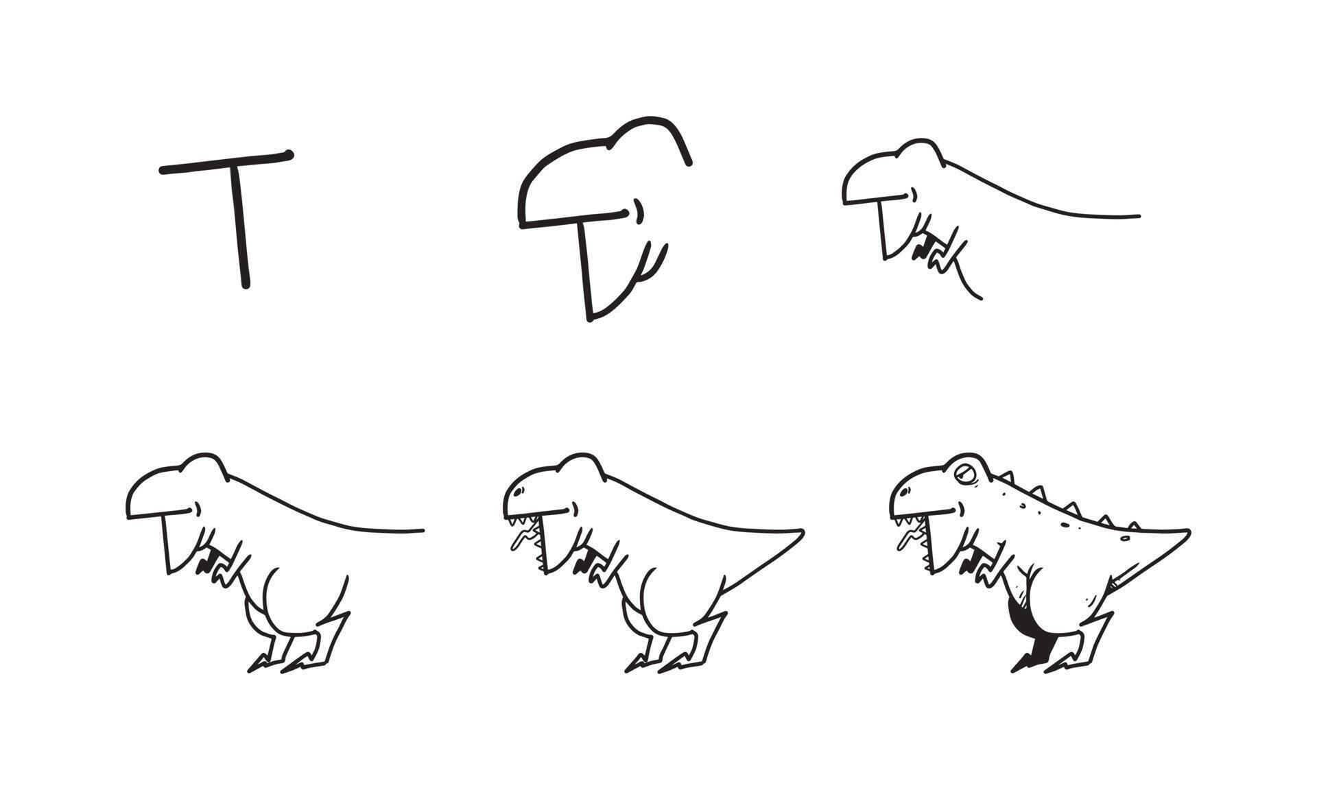 como desenhar um lindo t rex passo a passo. atividade fácil e divertida  para o desenvolvimento e a criatividade das crianças. tutorial de desenho  de animais e objetos da série do alfabeto