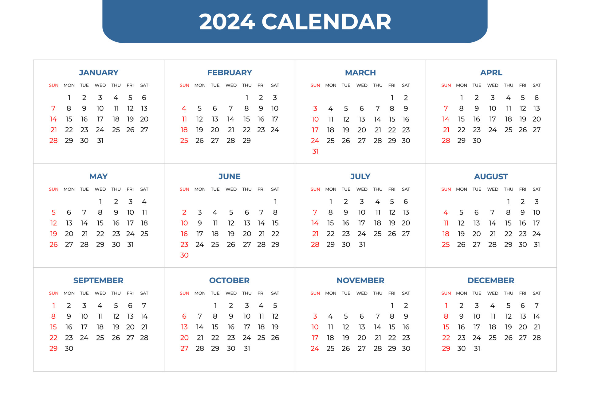 Modelo de calendário 2024, simples e fácil de usar 4686317 Vetor no