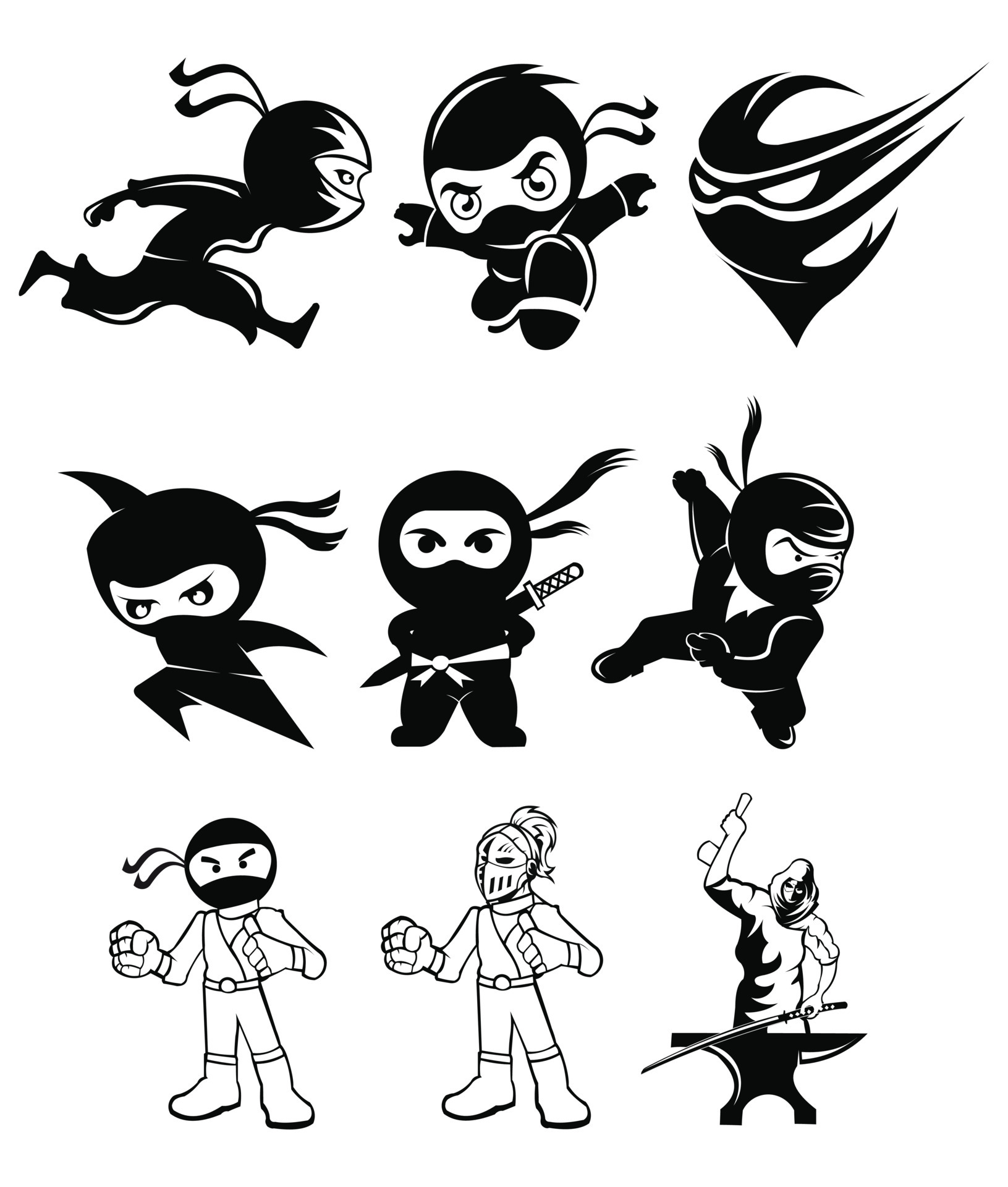 Personagem de desenho animado ninja samurai em várias poses