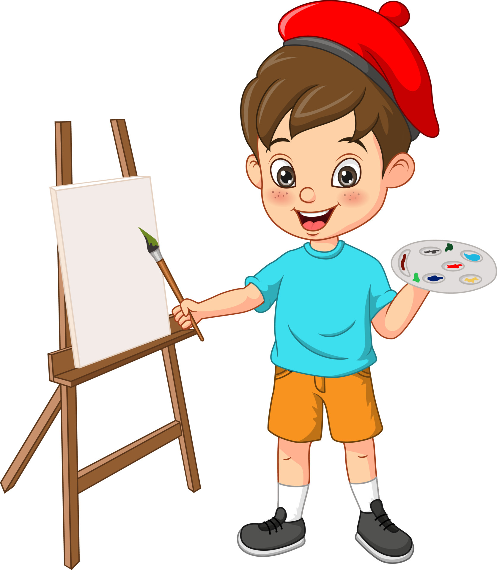Menino com pincel artista de criança pintando personagem de