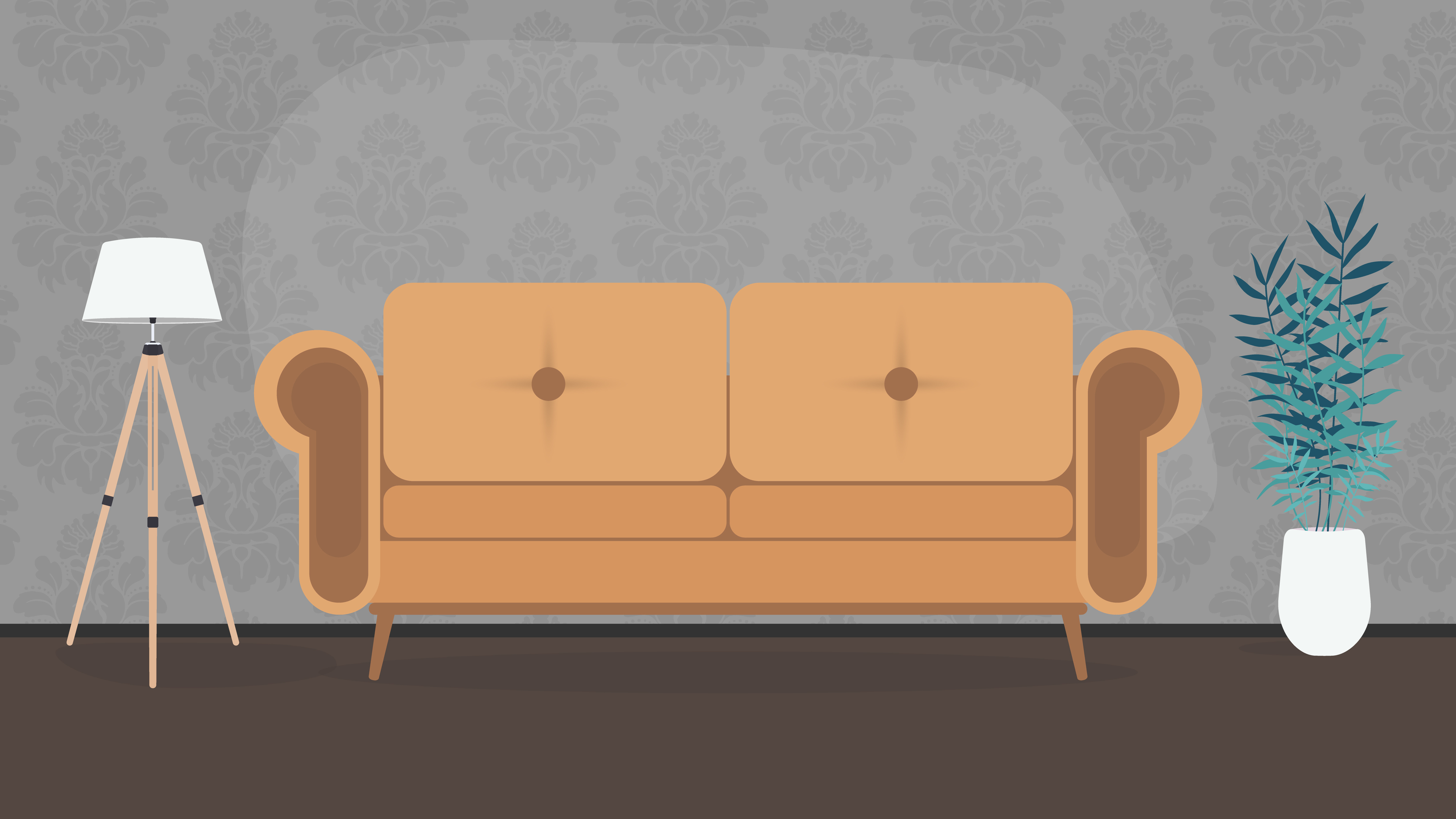 o quarto é feito em cores escuras. um sofá elegante e preguiçoso