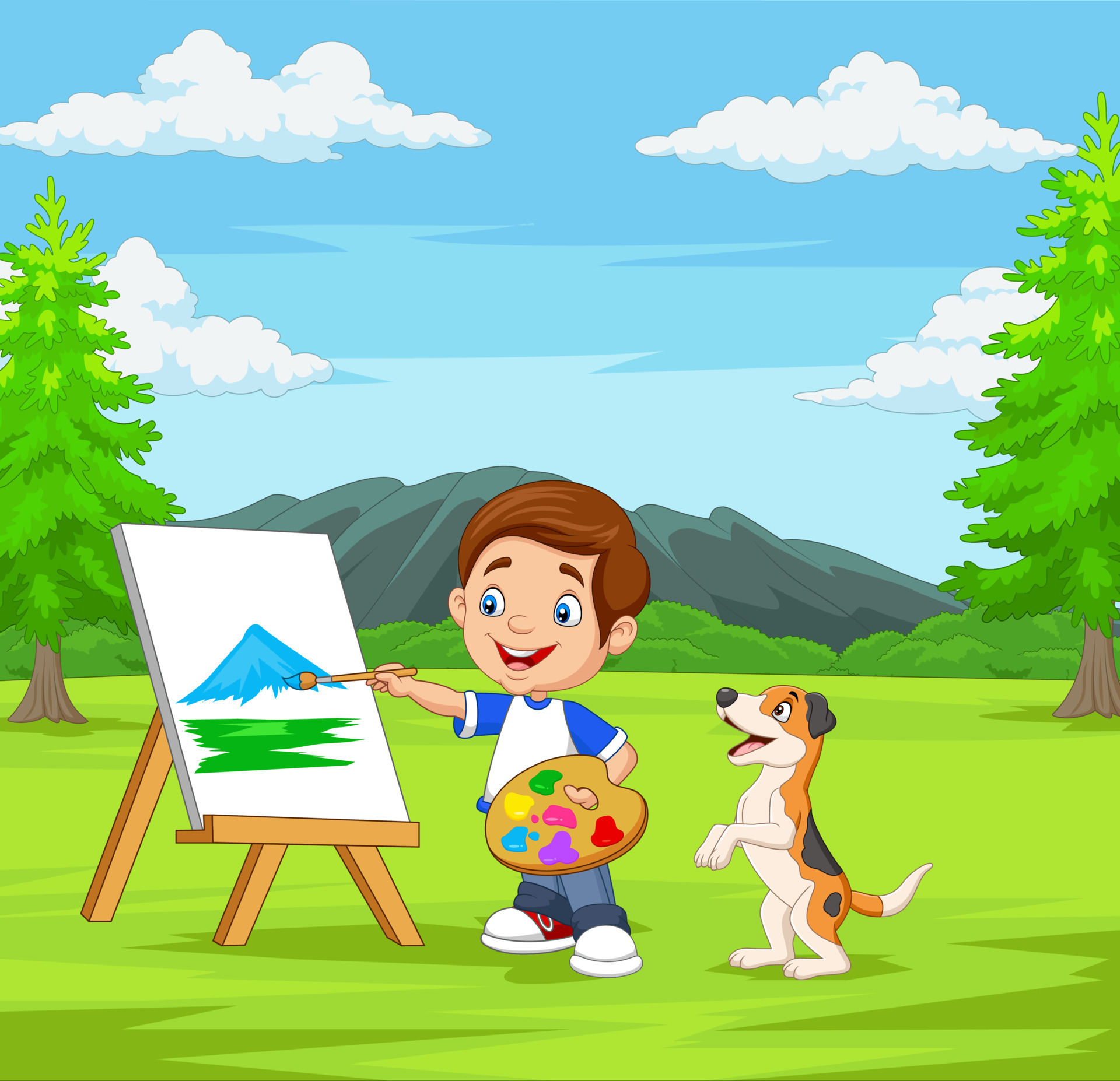menino dos desenhos animados pintando com seu animal de estimação