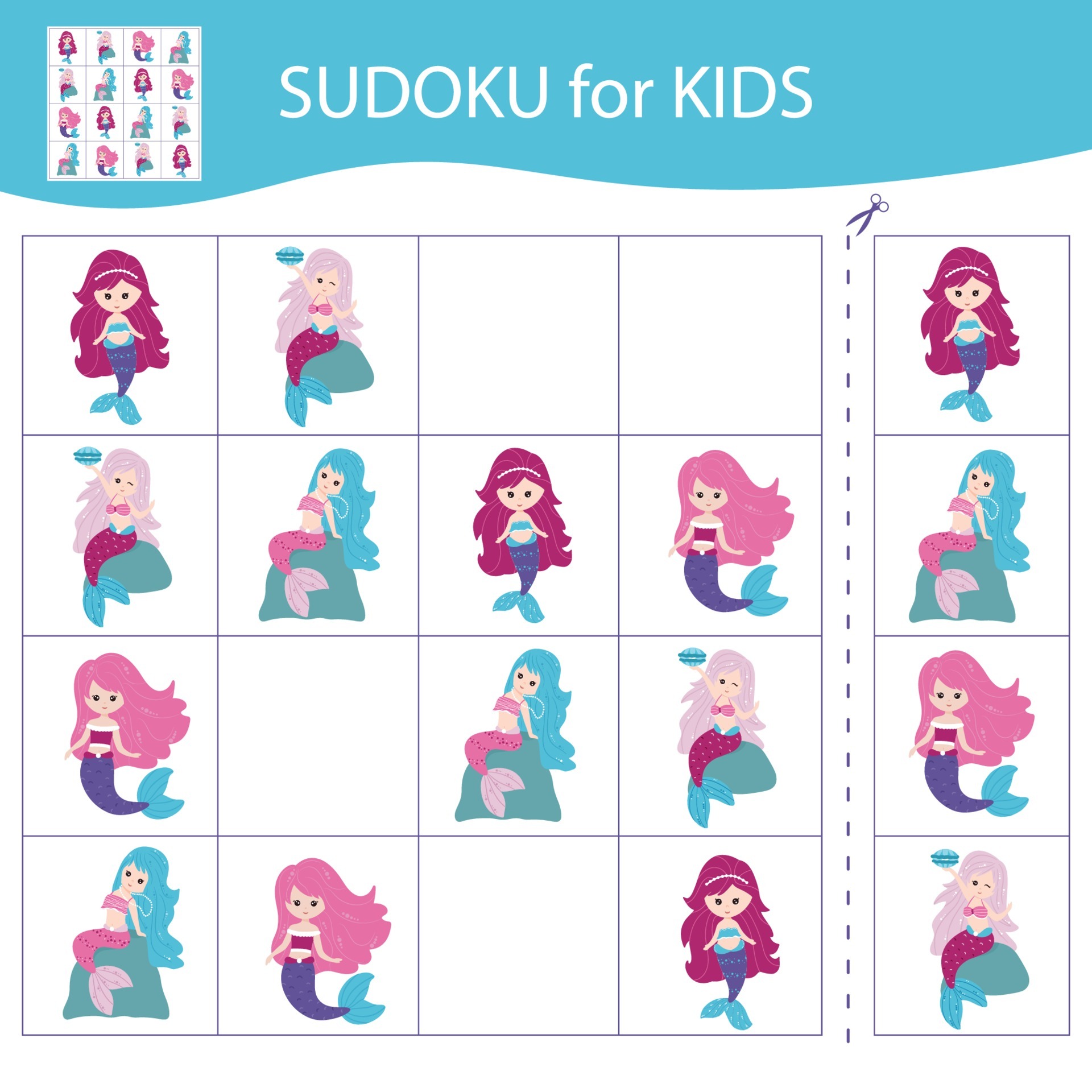 Mermaid Sea Sudoku for Kids é um jogo divertido e educativo para crianças  que usa regras clássicas de sudoku com tema marinho. ajuda as crianças a  desenvolver habilidades de lógica e resolução