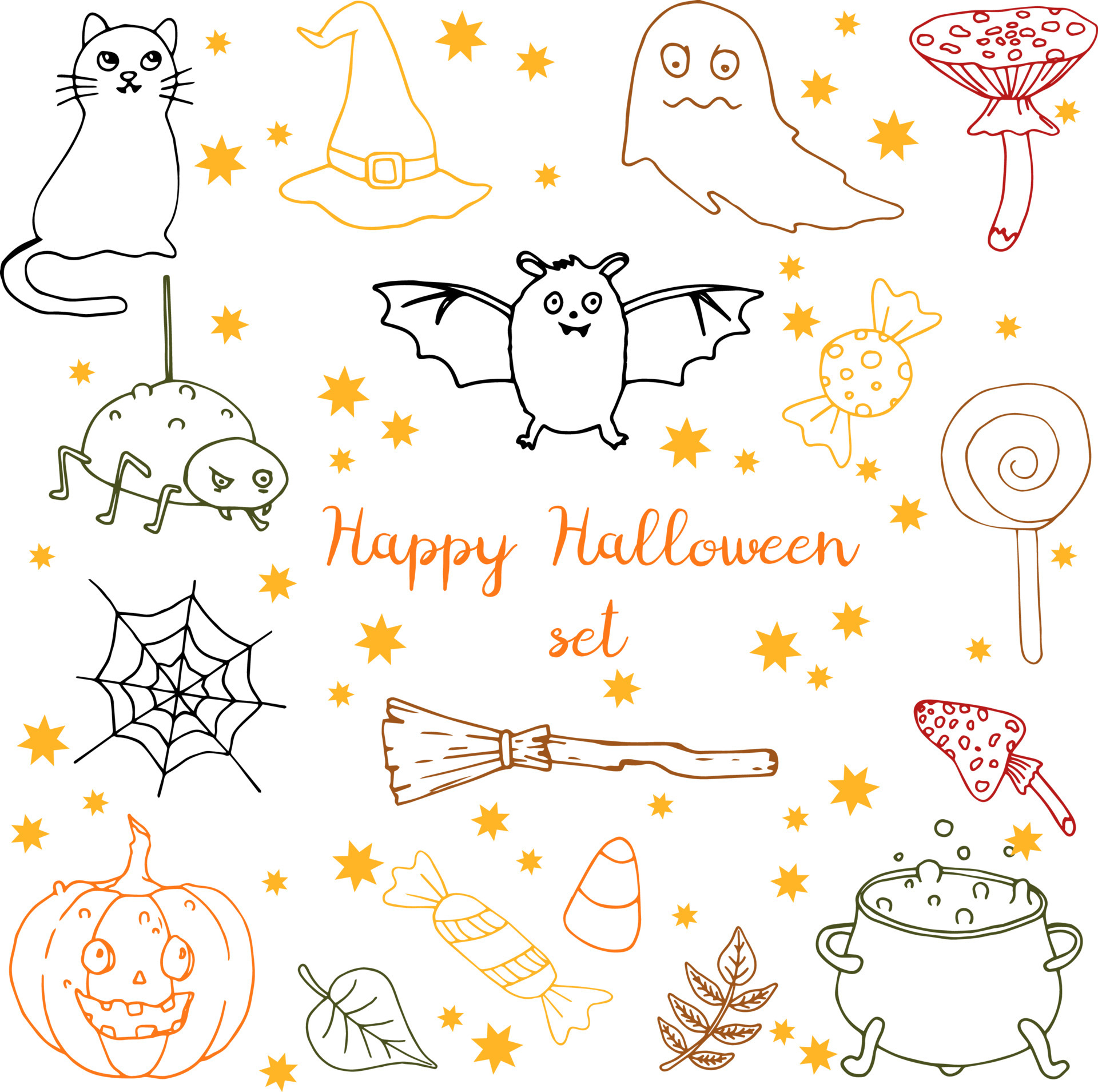 Conjunto doodle desenho mão desenhada halloween preto e branco