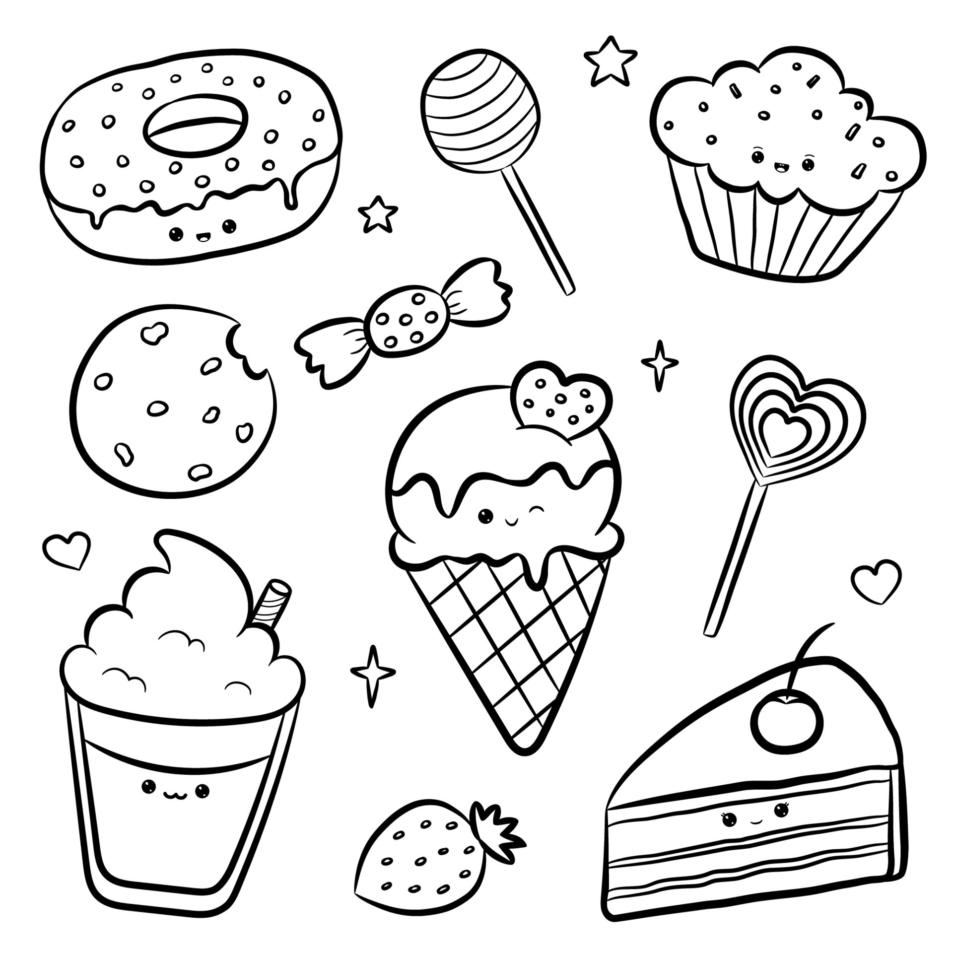 doodle personagens doces no estilo kawaii com rosto bonito. livro de colorir  anti-stress. muffin, bombom, bolo, donut, sorvete, biscoito, café.  ilustração vetorial isolada no fundo branco 5375547 Vetor no Vecteezy