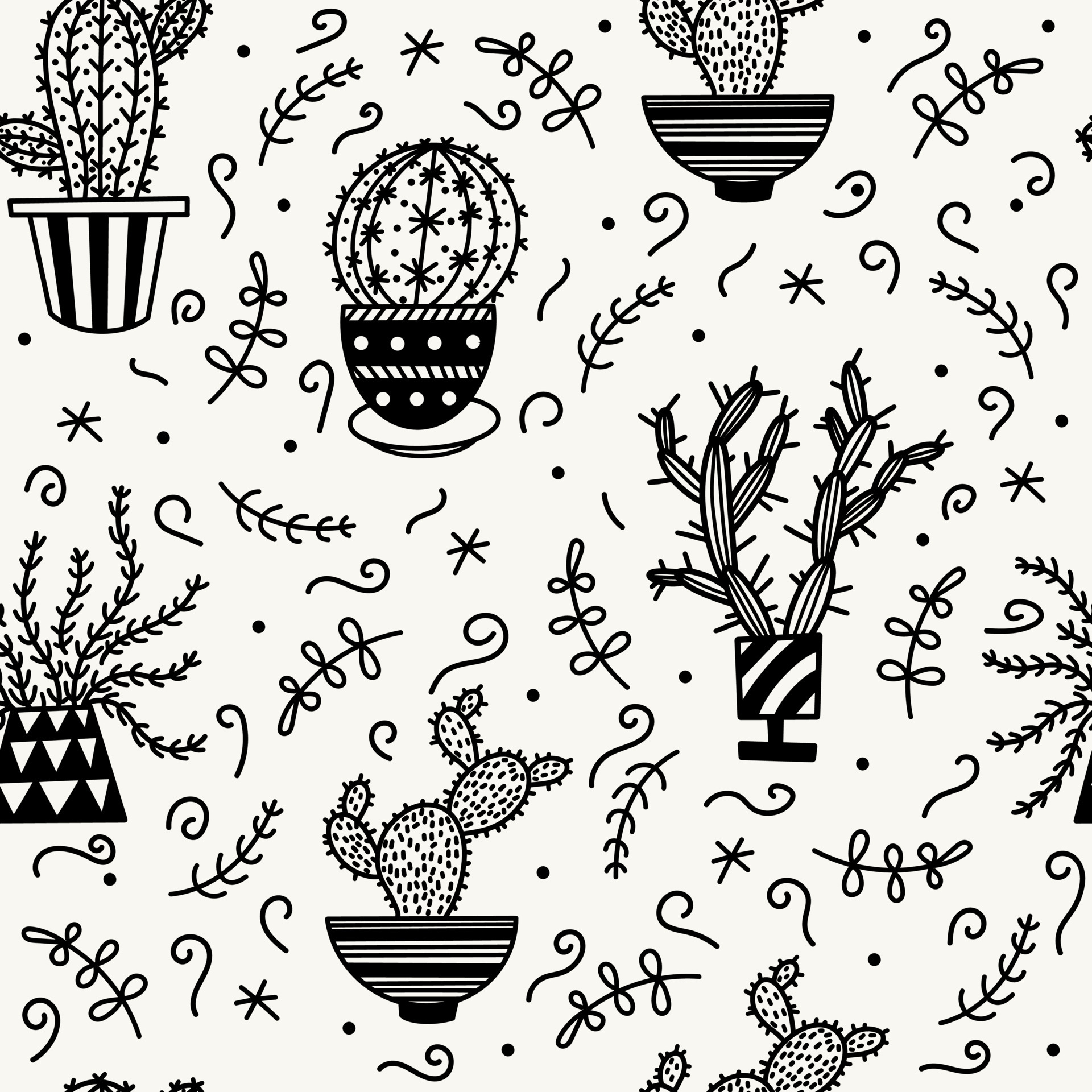 Ilustração de suculentas e cactos em preto e branco · Creative Fabrica