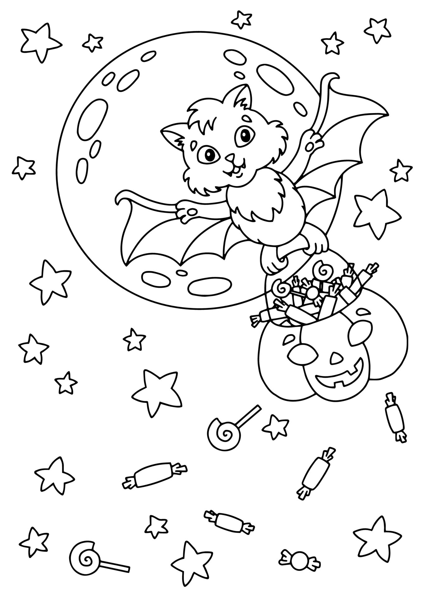 Página de livro de colorir para crianças com tema de halloween de morcego  fofo