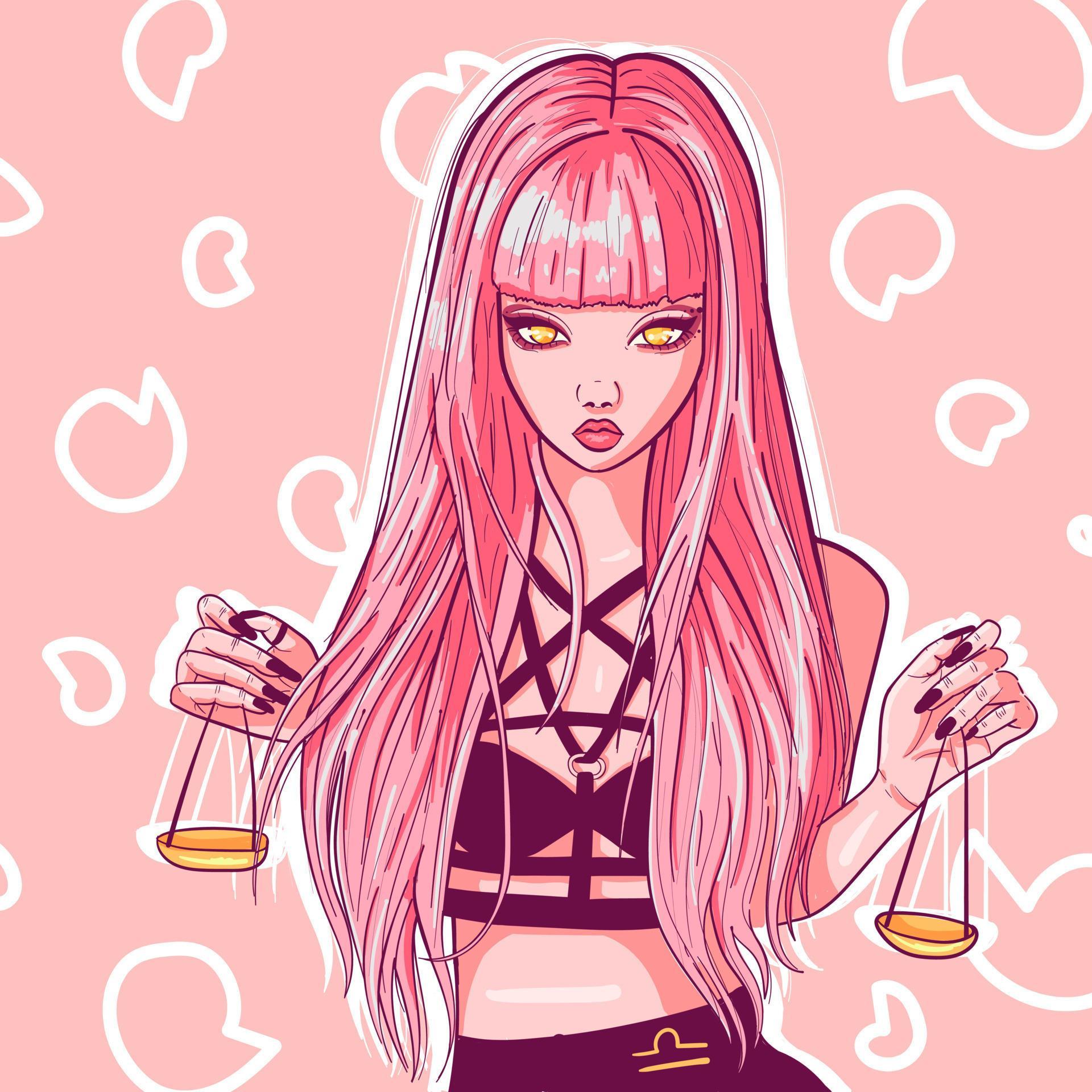 Desenho animado no estilo kawaii de uma linda garota com cabelo colorido  segurando uma boneca de cabelo cor-de-rosa