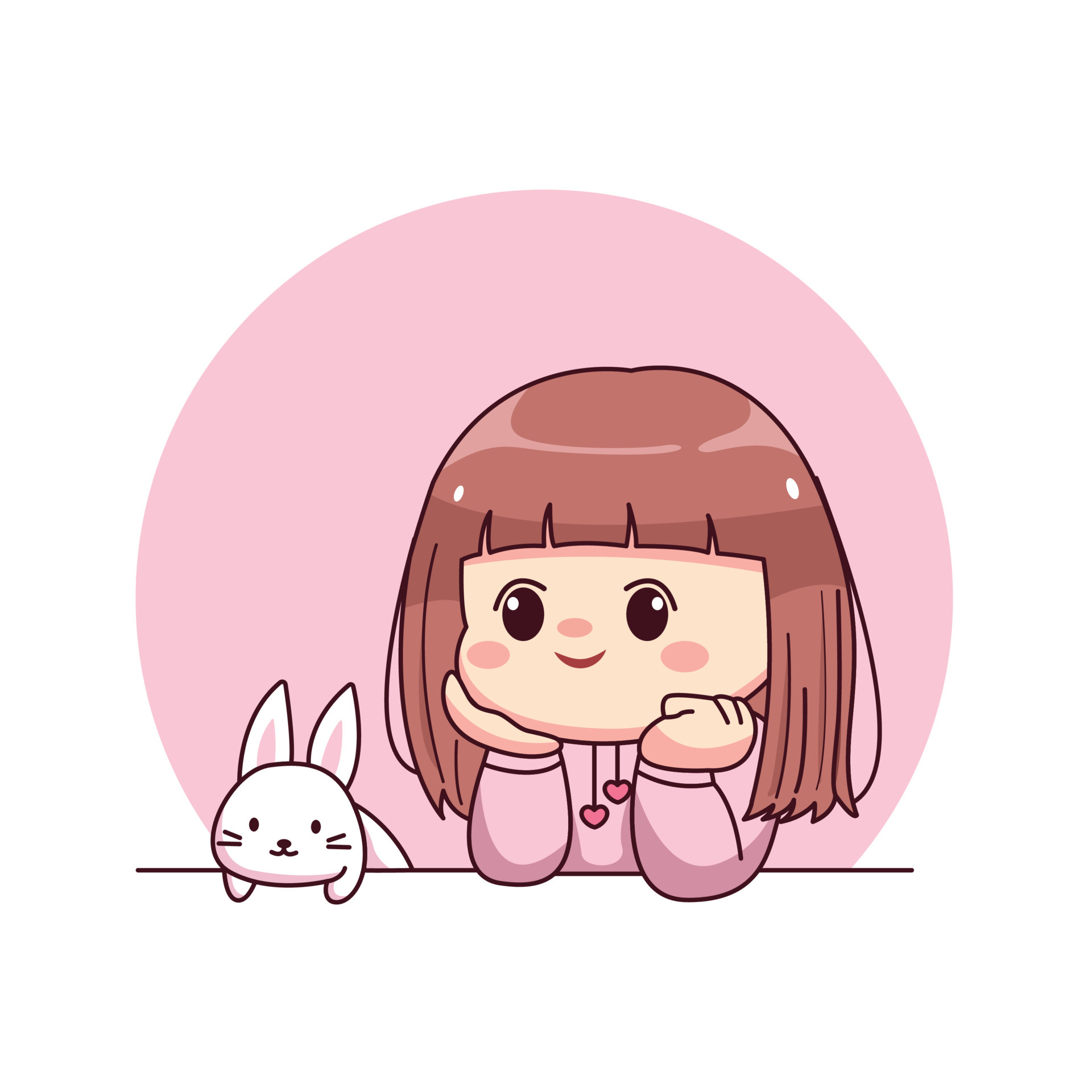 Feliz garota fofa e kawaii com design de personagens de manga chibi de  desenho de coelhinho com capuz rosa