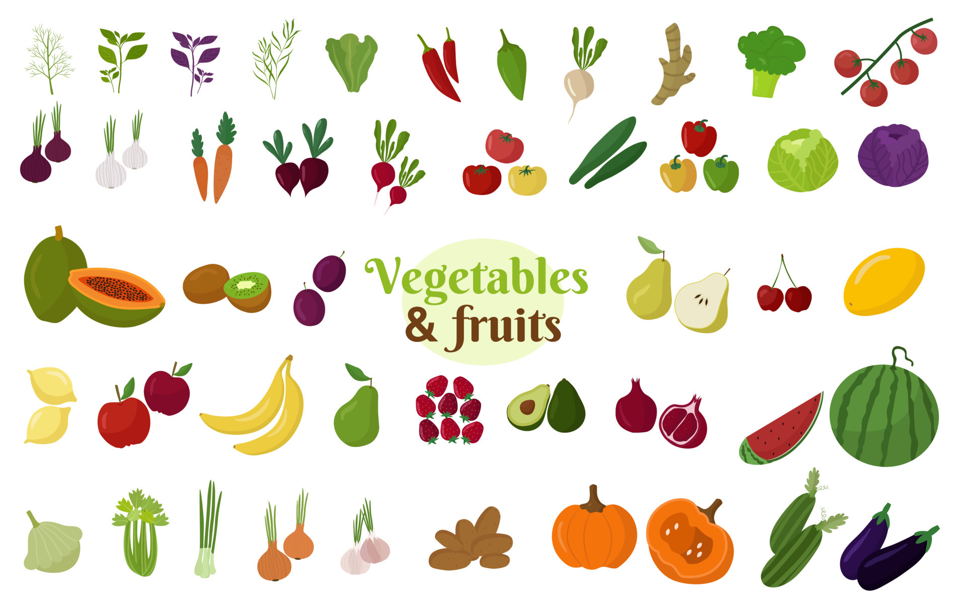 Conjunto De Vetores De Frutas E Legumes. Comida Saudável