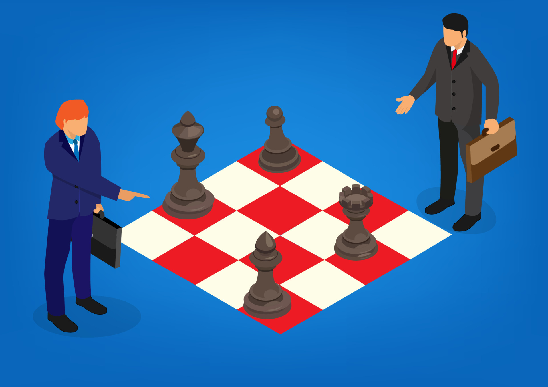Pessoas minúsculas constroem uma estratégia para ganhar uma ilustração  vetorial de estratégia de negócios de jogo de xadrez