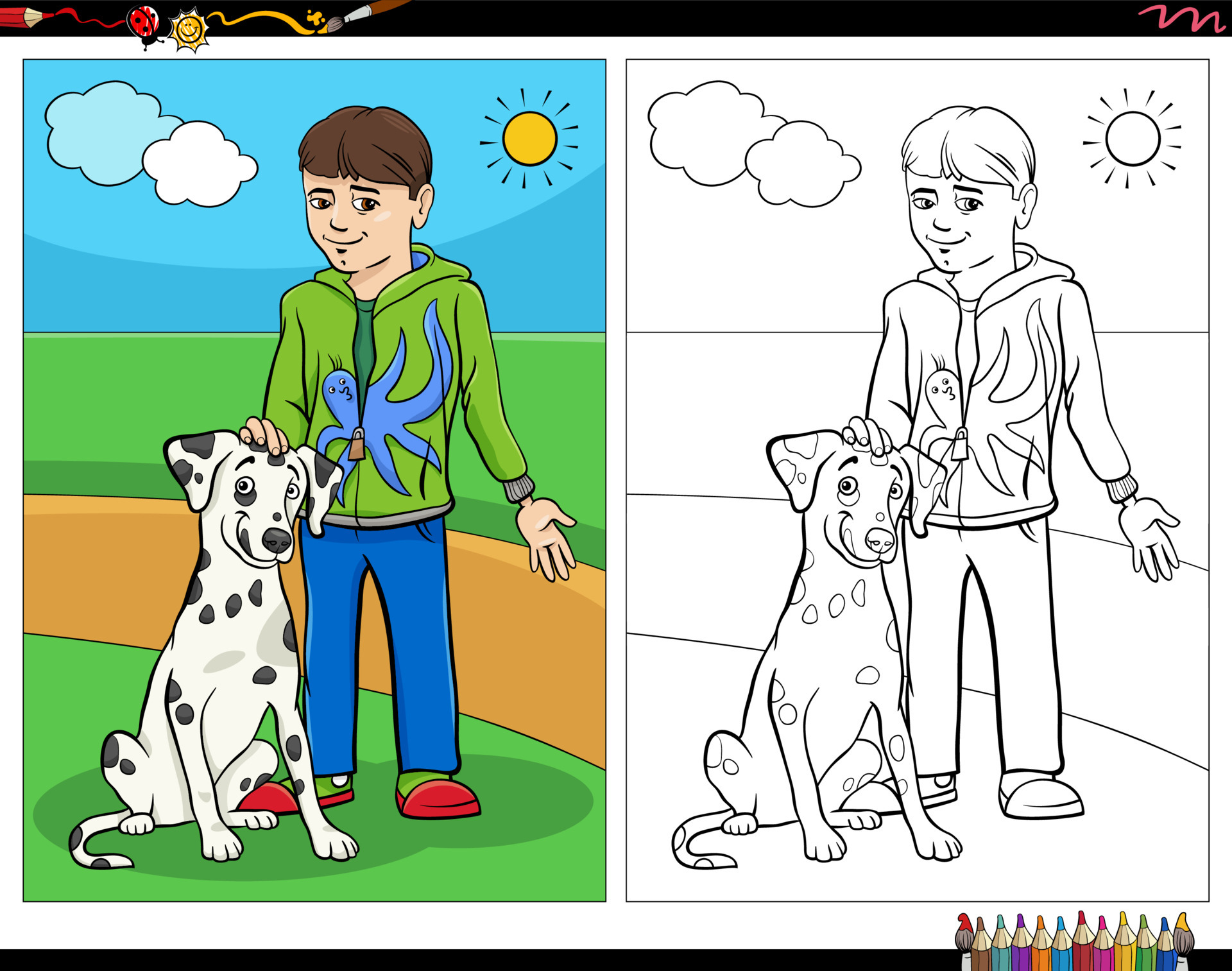 Desenho de Menina com Seu Cachorro de Estimação para colorir