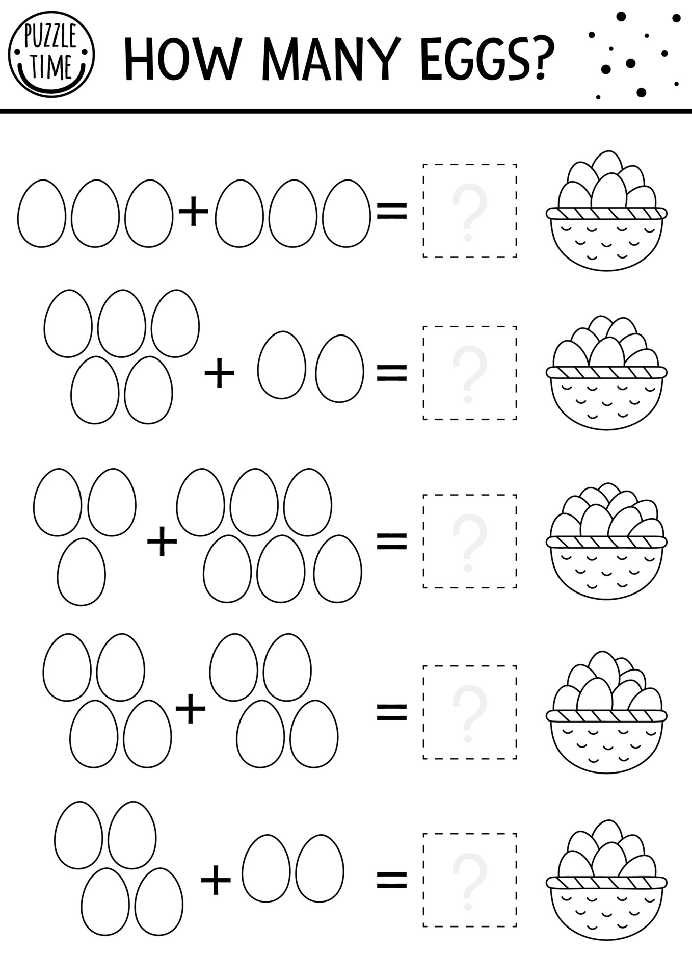 Página para colorir com uma cesta de páscoa cheia de ovos. colorir por  números. jogo de matemática para crianças.