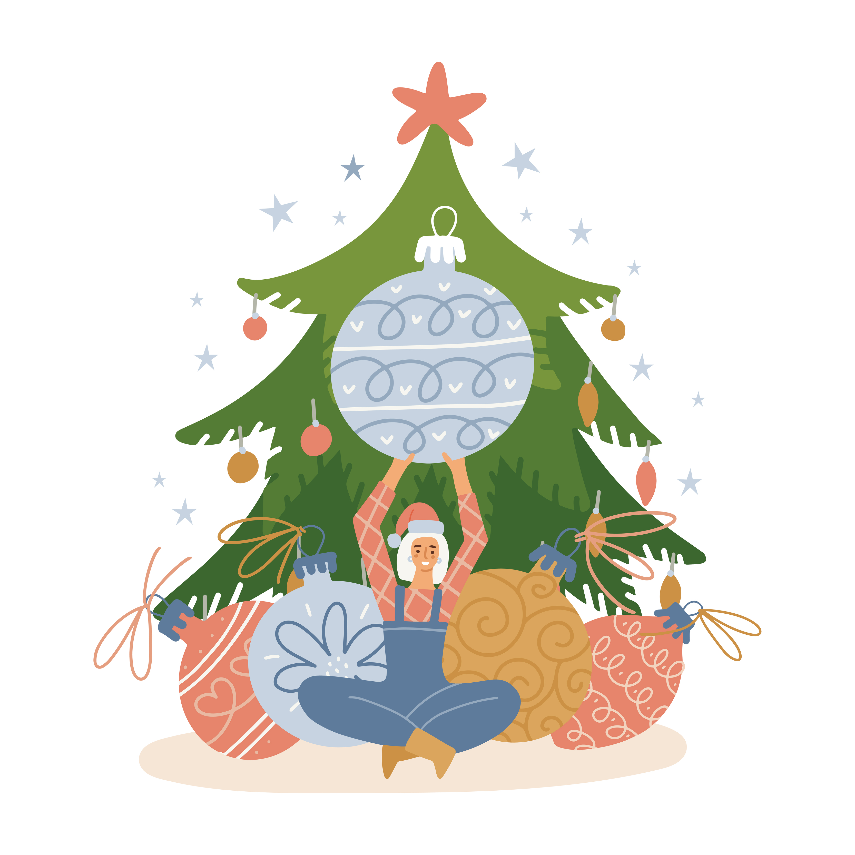personagem de mulher pequena decorando a árvore de natal com brinquedos de  uma grande árvore de natal. menina sentada segurando uma enorme bola de  vidro acima da cabeça. ilustração vetorial desenhada de