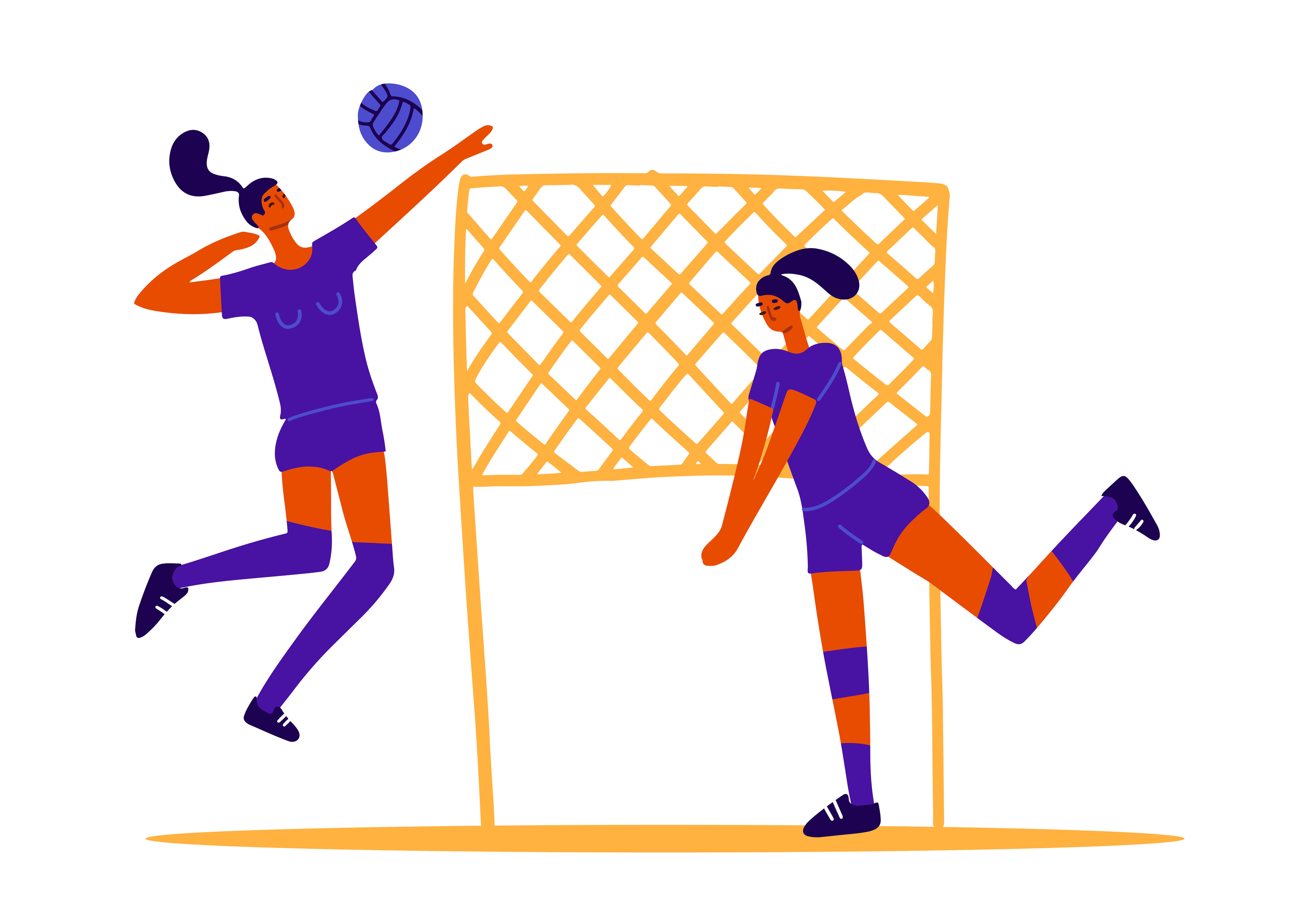 jogadores de vôlei abstratos, duas meninas jogando vôlei, jogos de esportes  femininos. conceito de jogo de bola. 2 mulheres jogam vôlei com bola e  rede. gráficos vetoriais planos na moda 6036673 Vetor