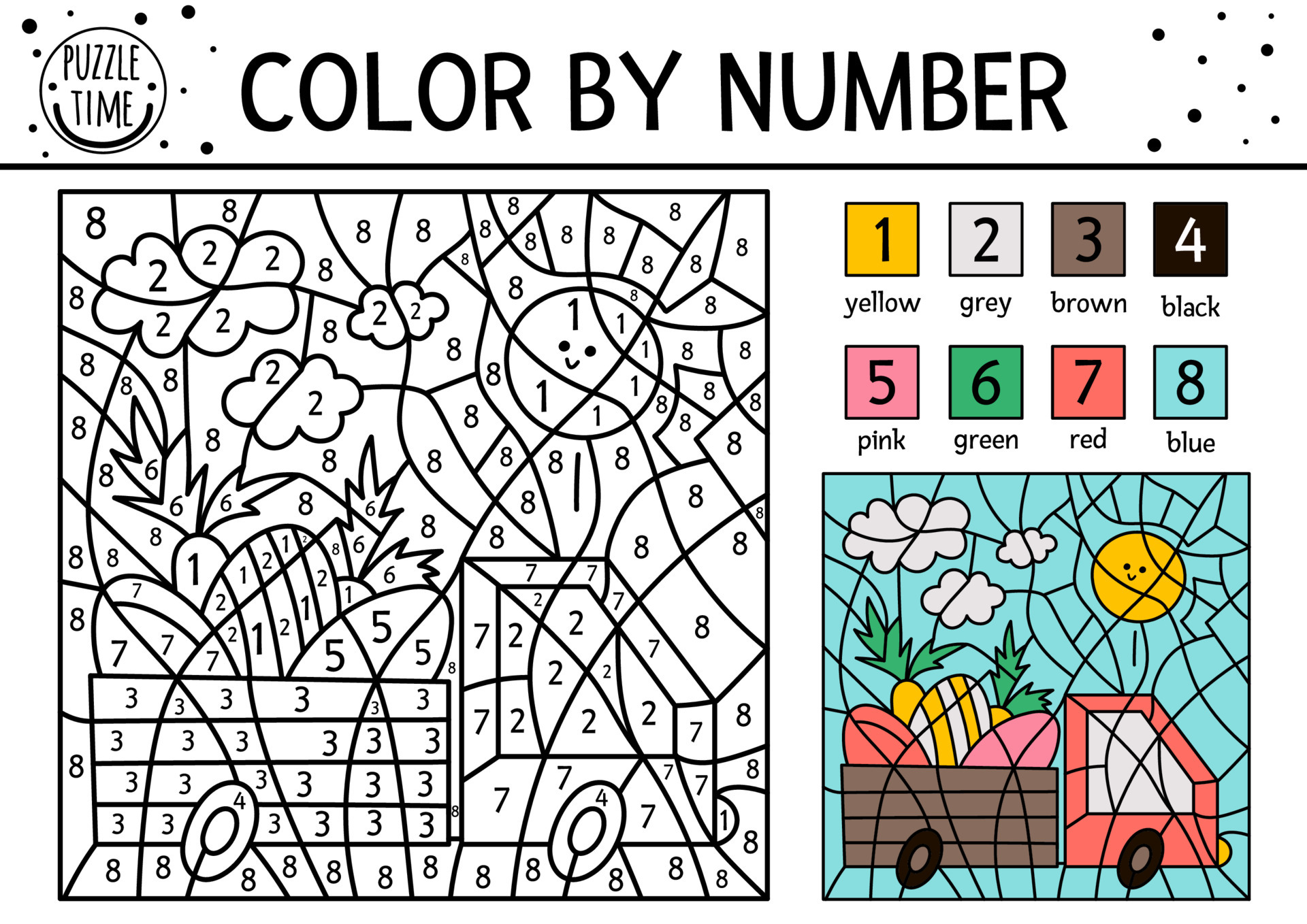 vetor cor de páscoa por atividade de número com carro dirigindo ovos e  cenouras. jogo de colorir e contar de férias de primavera com pássaro  bonito. página de coloração engraçada para crianças