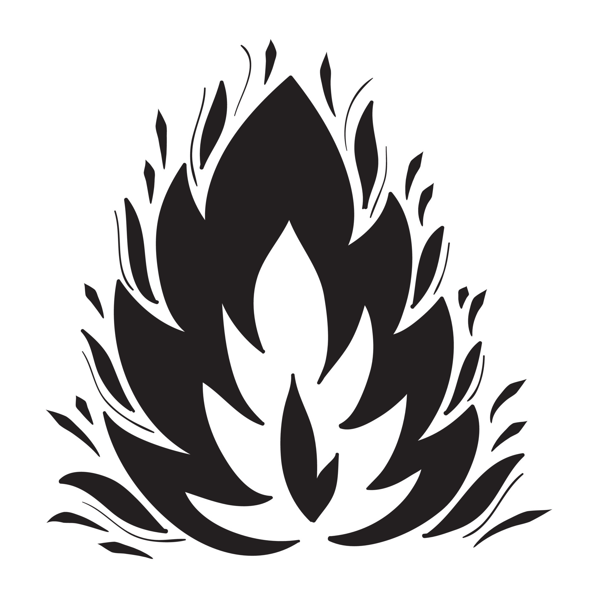 ícones de fogo desenhados à mão. conjunto de vetores de ícones de chamas de  fogo. fogo de esboço de doodle desenhado à mão, desenho preto e branco.  símbolo de fogo simples. 6214118