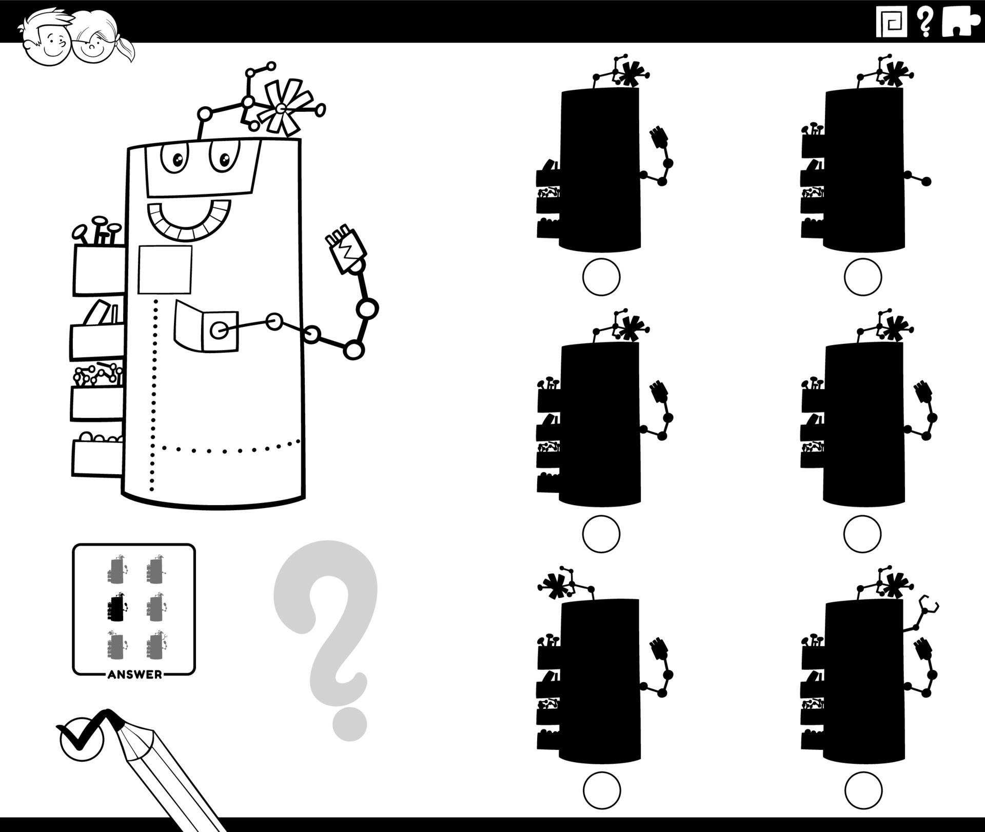 jogo de sombras com desenhos animados de robôs para colorir página do livro  6323784 Vetor no Vecteezy