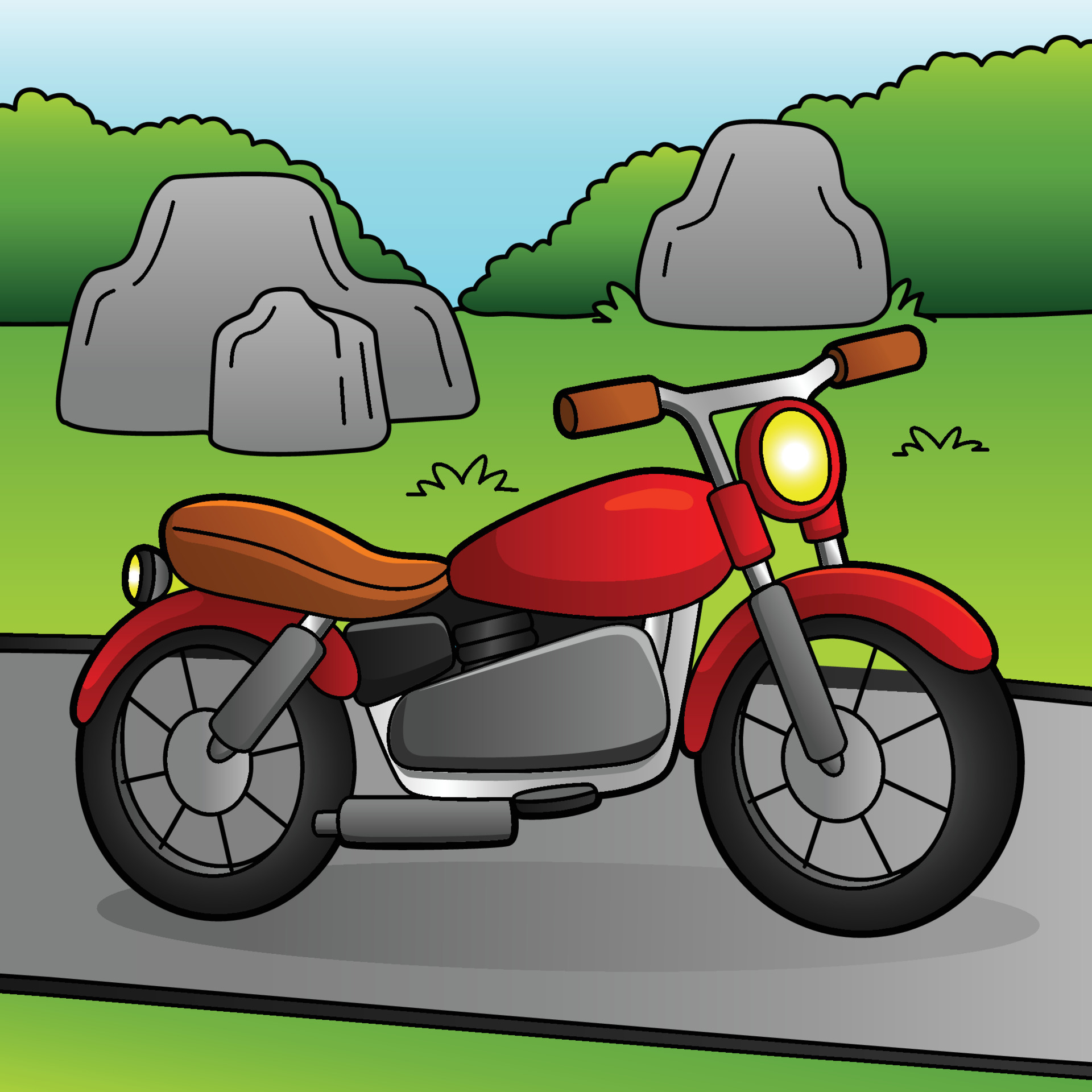 Baixe Motocicleta colorida de desenho animado na natureza PNG - Creative  Fabrica