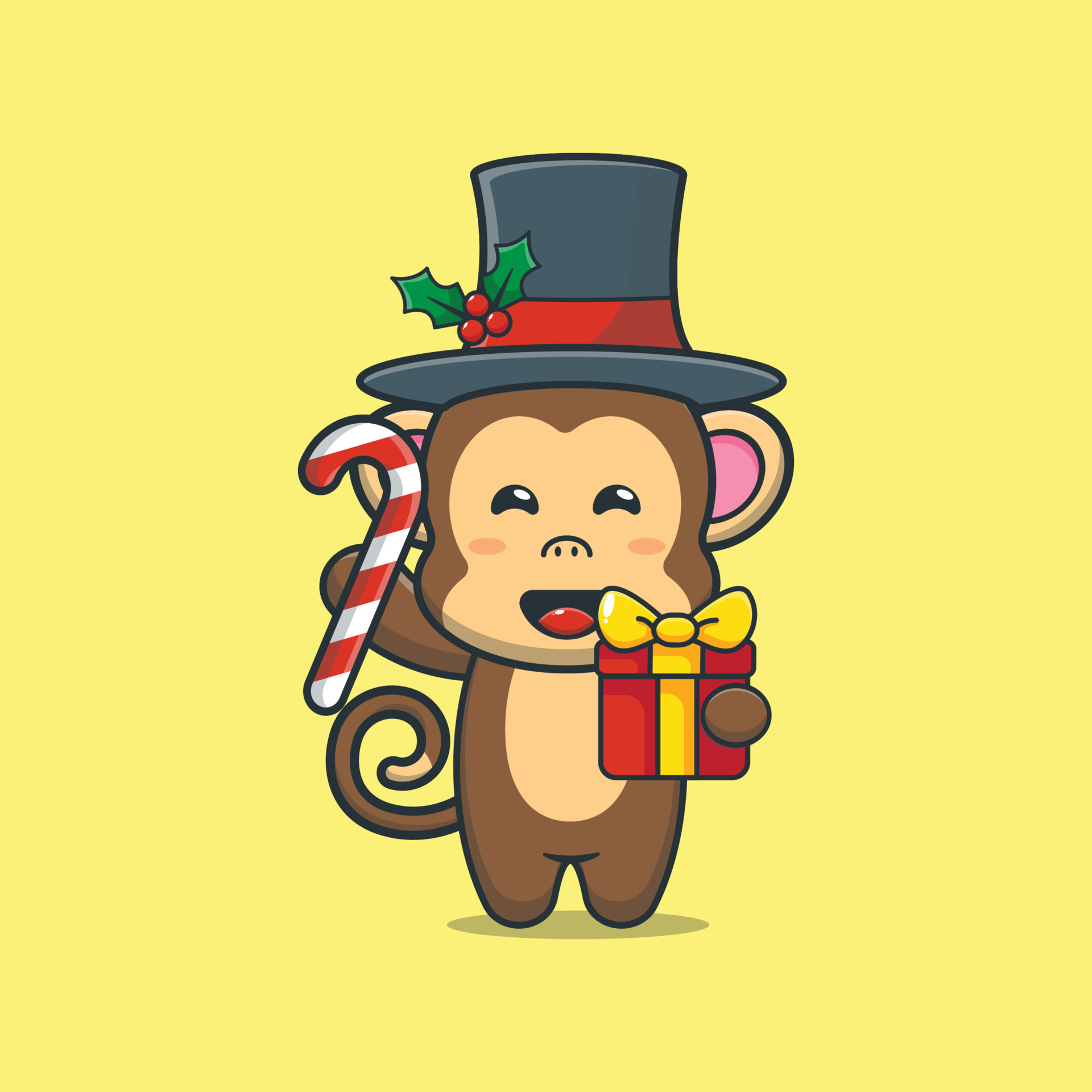 Conjunto de macaco fofo celebrando o natal. segurando um presente