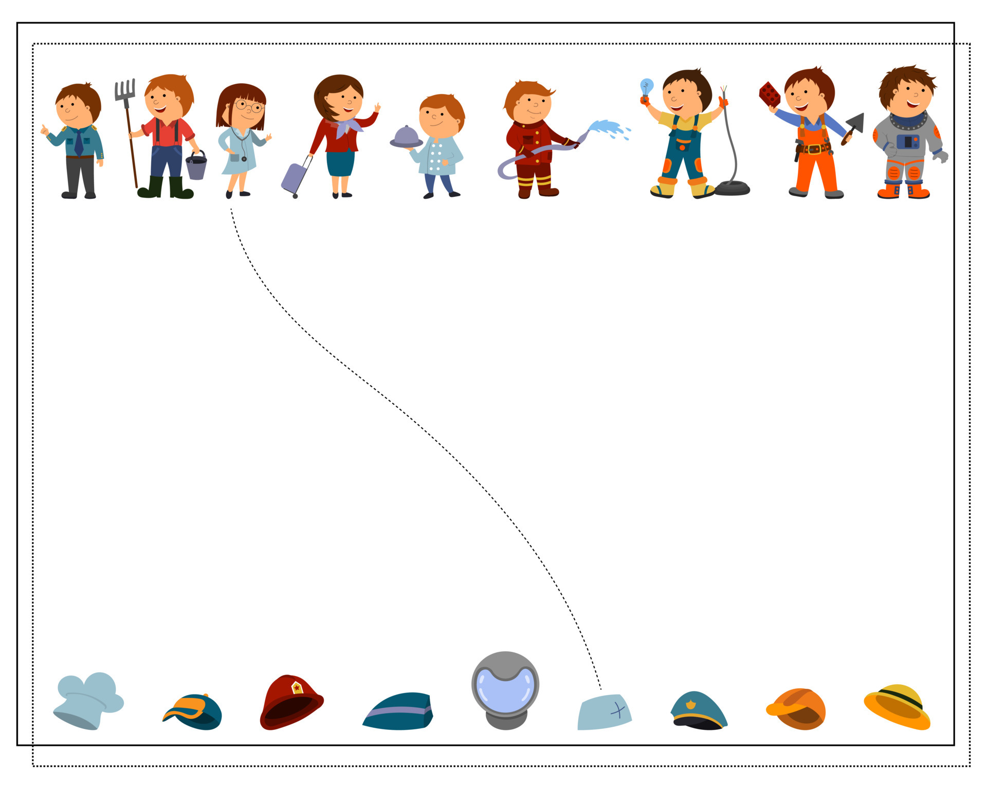 um jogo de lógica para crianças onde cujo chapéu, crianças de desenhos  animados de diferentes profissões. 6602330 Vetor no Vecteezy