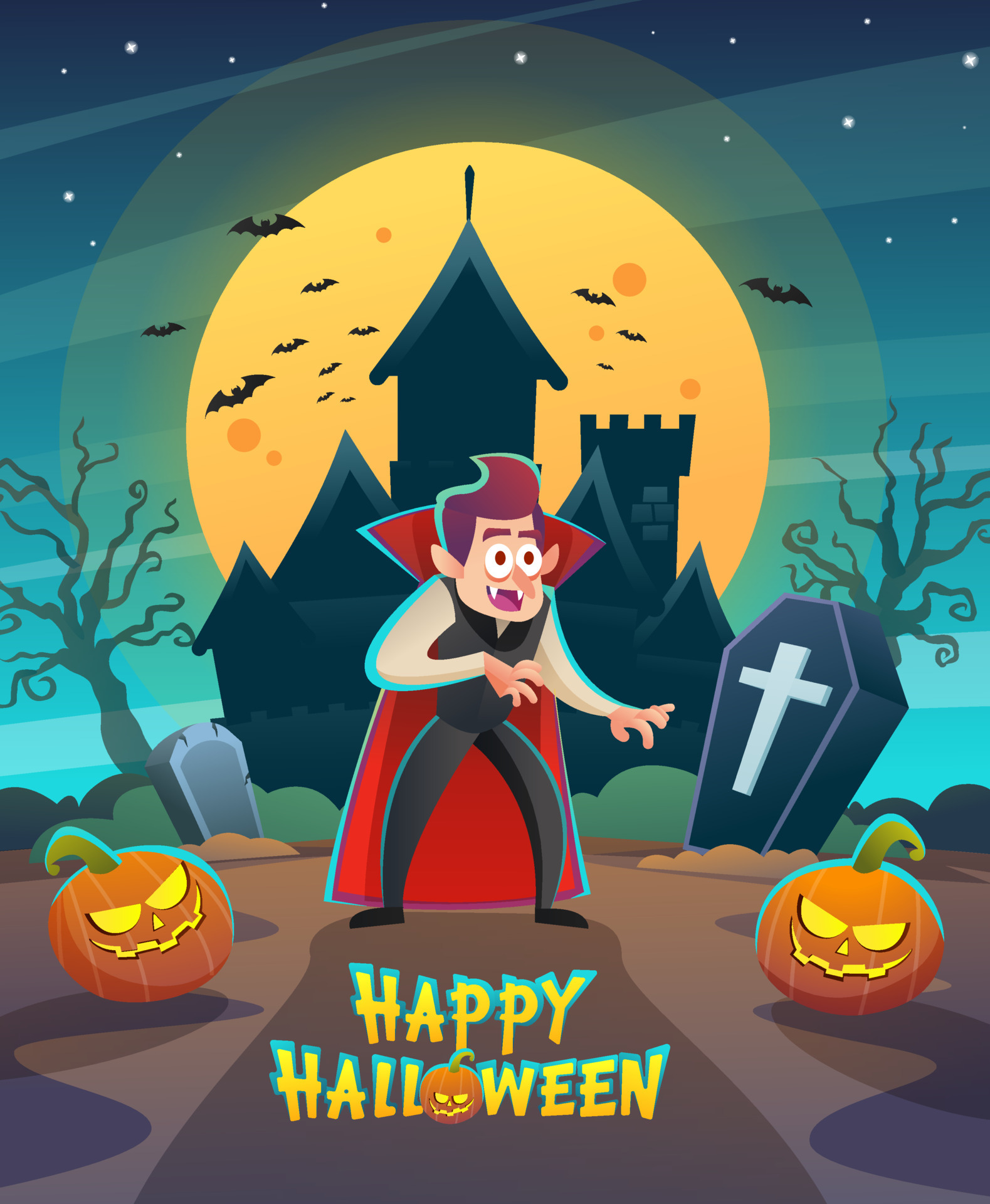 Personagem de desenho animado vampiro com fundo de halloween