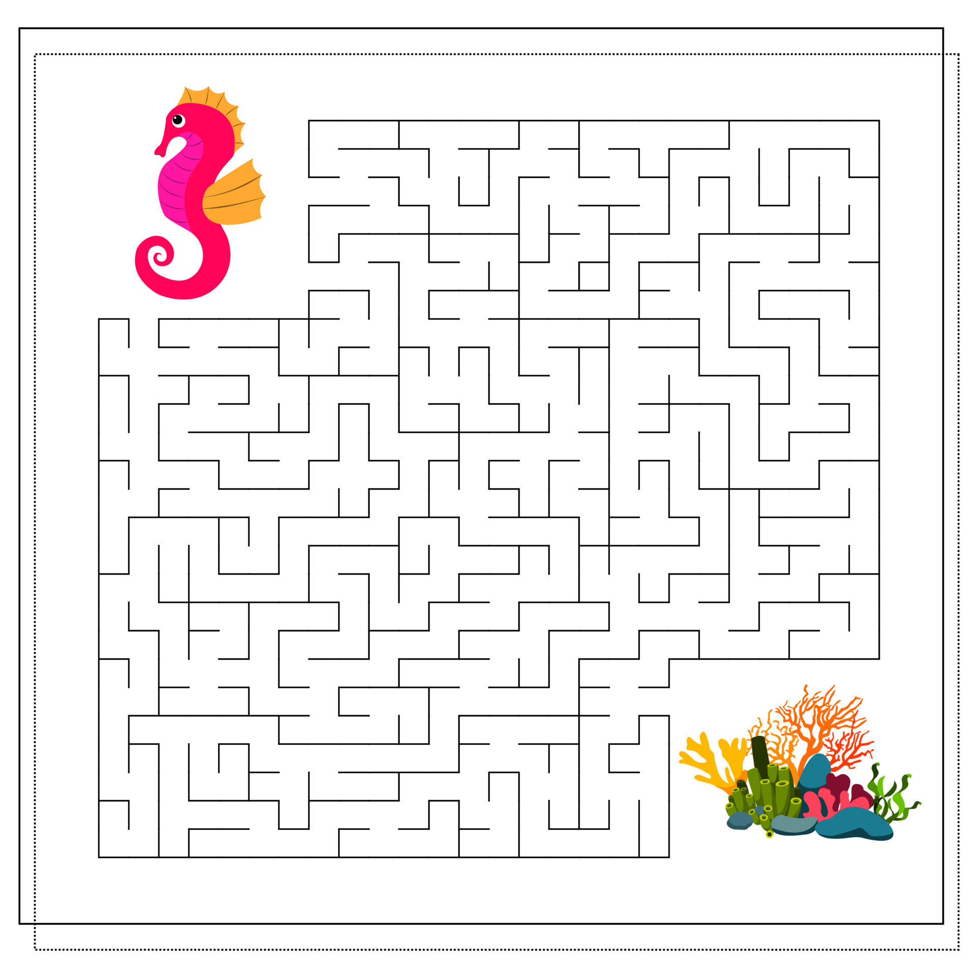 Jogo de labirinto para crianças. lazer do jardim de infância, divertido  labirinto de animais coloridos. crianças encontram jogo de solução,  ilustração vetorial de mapa de quebra-cabeça de vida marinha. jogo pré- escolar, jardim