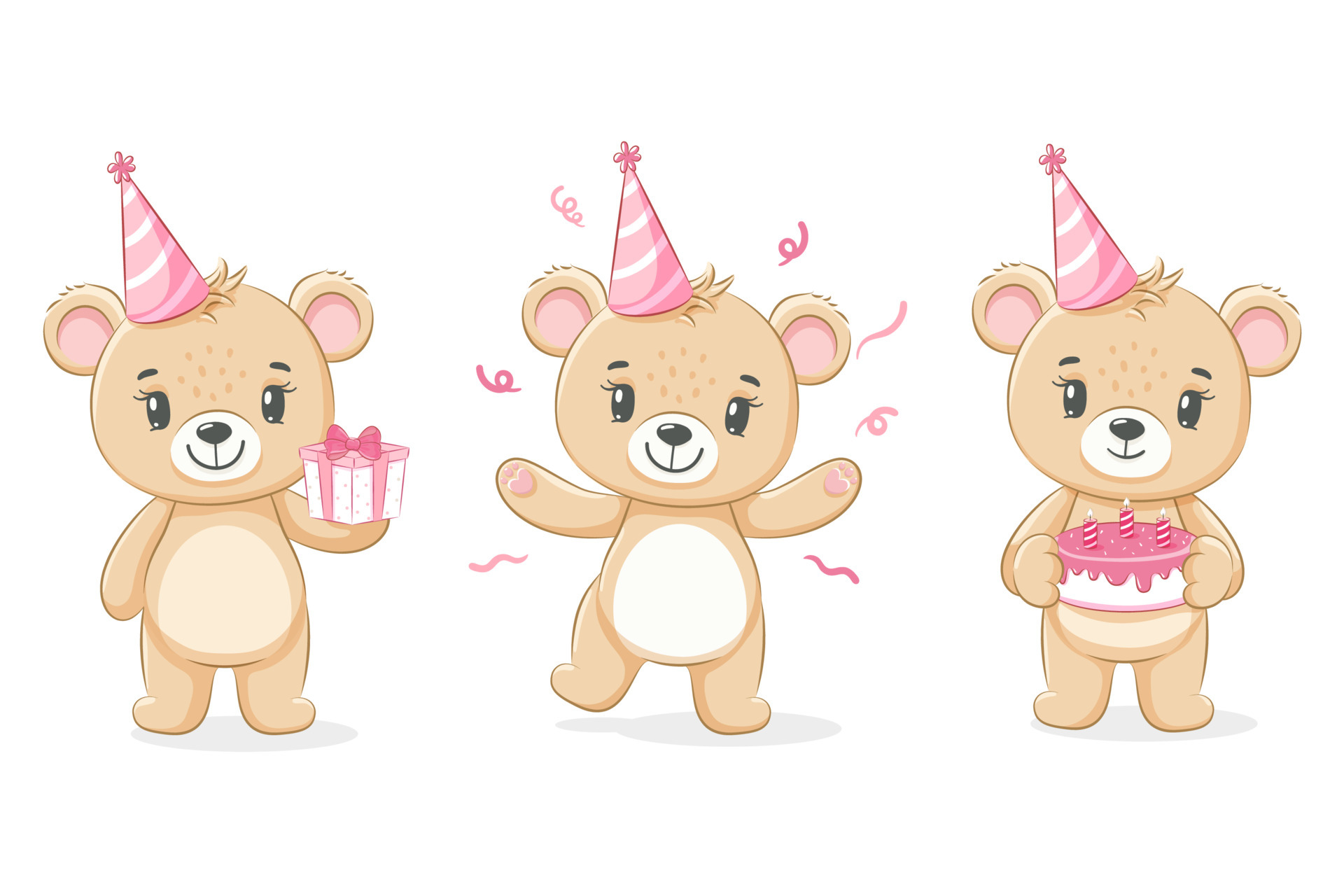 Ilustração de um urso feliz de desenho infantil com bolo de