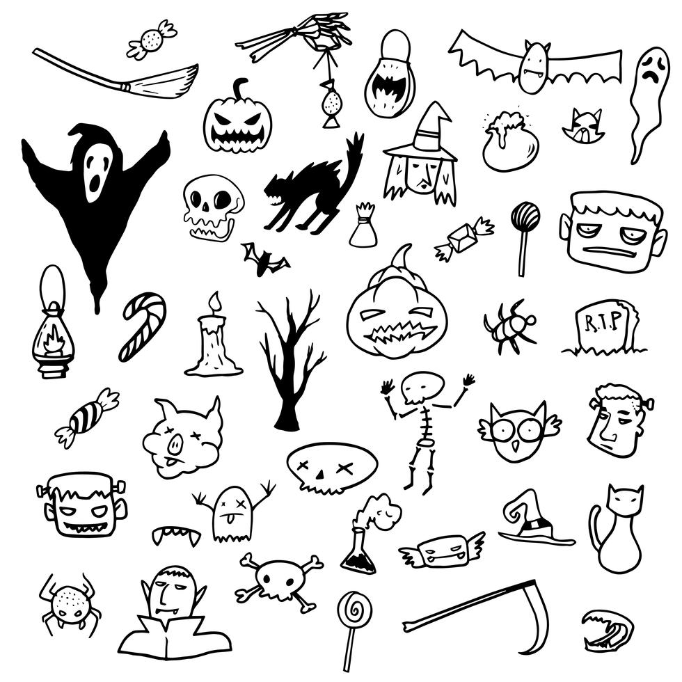 Árvore de halloween com cara assustadora. imagem do ícone do doodle. desenho  de autocolante de desenho animado