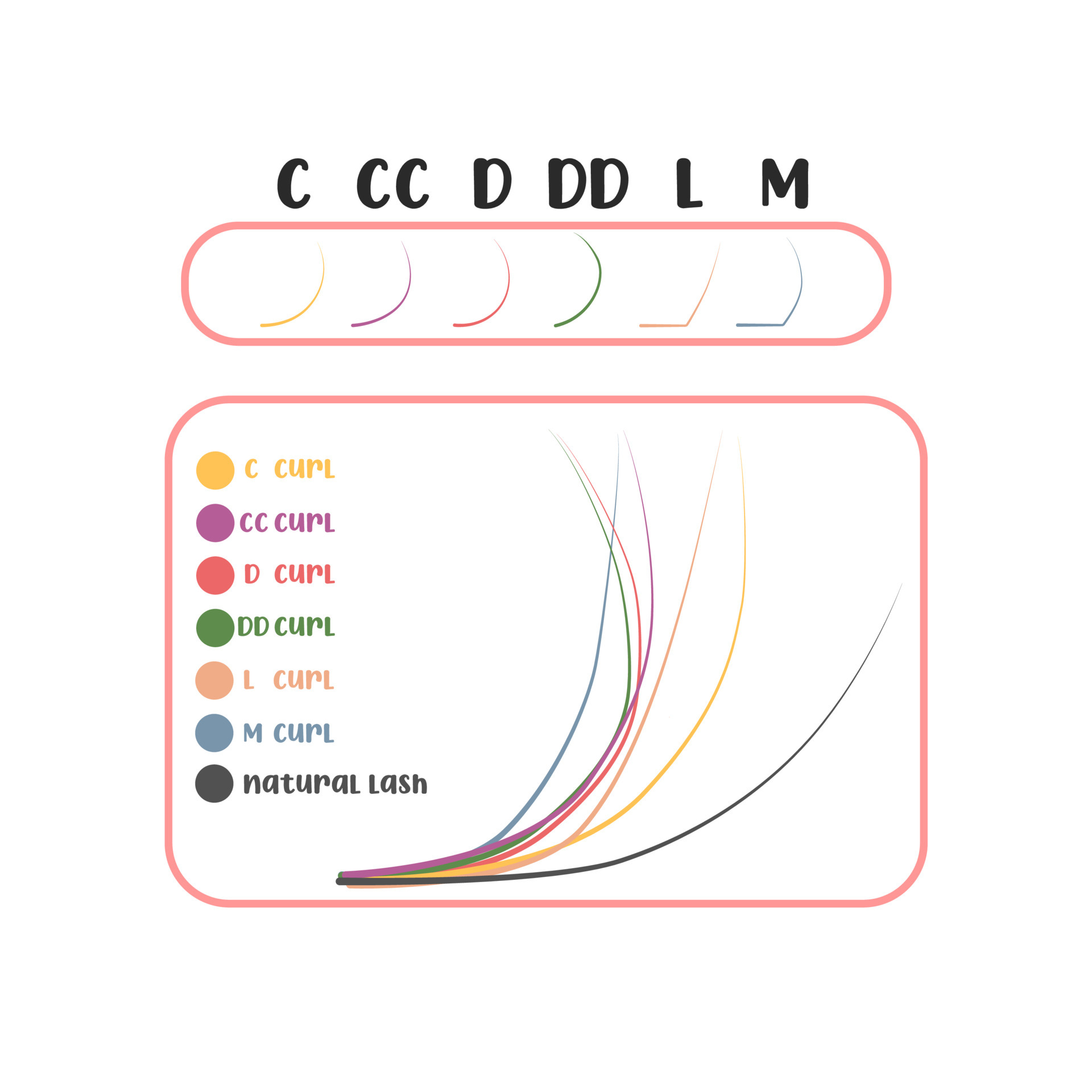 extensão de cílios. opções de curvatura de cílios postiços. tipos de  curvatura de cílios b, c, d, dd, cc, l, m 7079472 Vetor no Vecteezy
