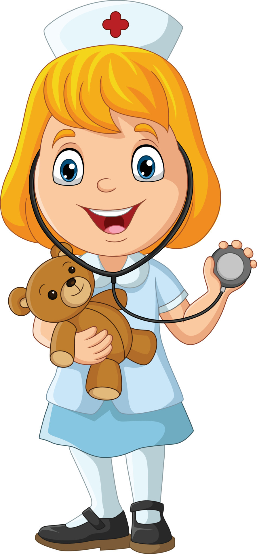 menina dos desenhos animados brincando de médico com brinquedo de ursinho  de pelúcia e estetoscópio 7153143 Vetor no Vecteezy