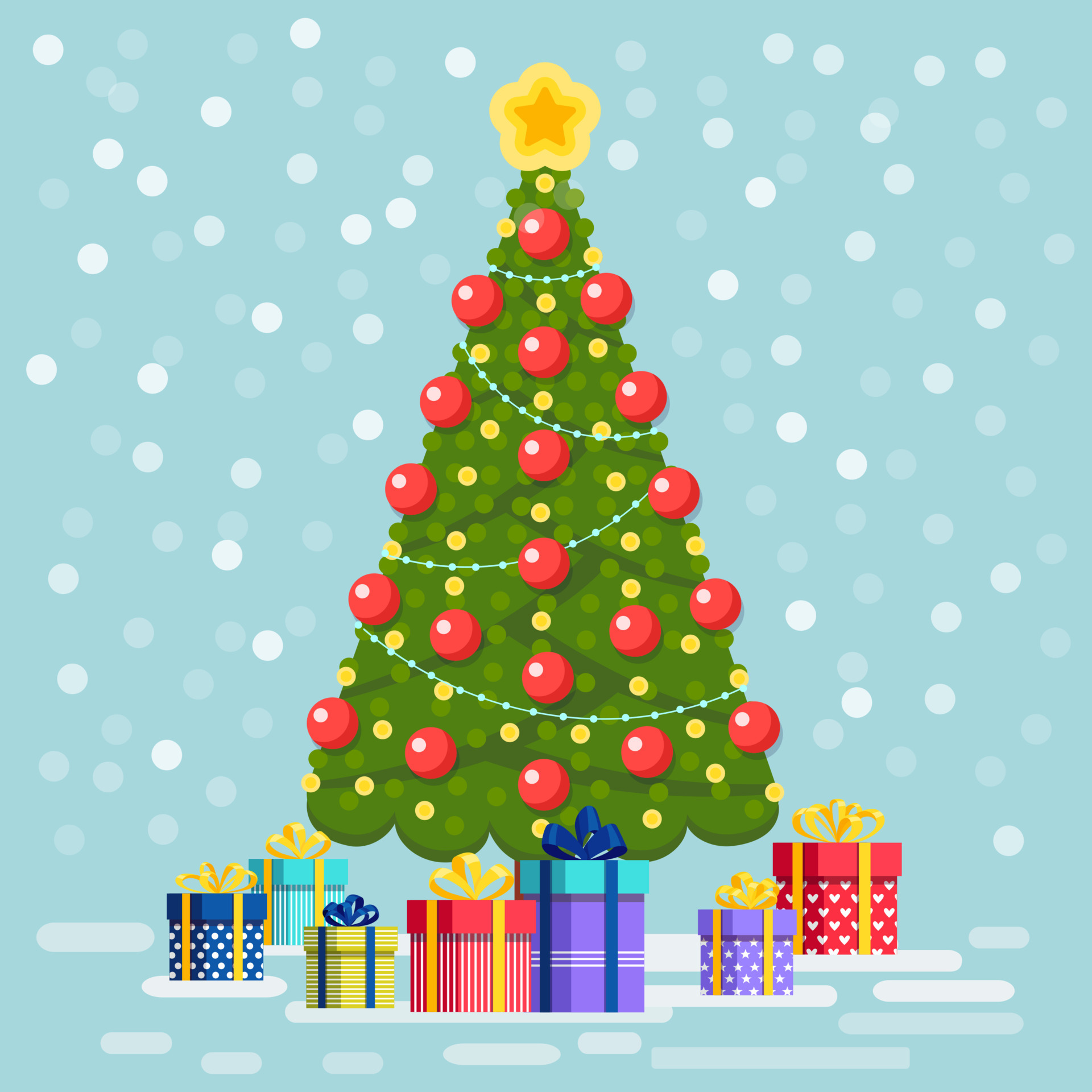 árvore de natal decorada com caixas de presente, estrela, luzes, bolas de  decoração. feliz Natal e Feliz Ano Novo 7163359 Vetor no Vecteezy