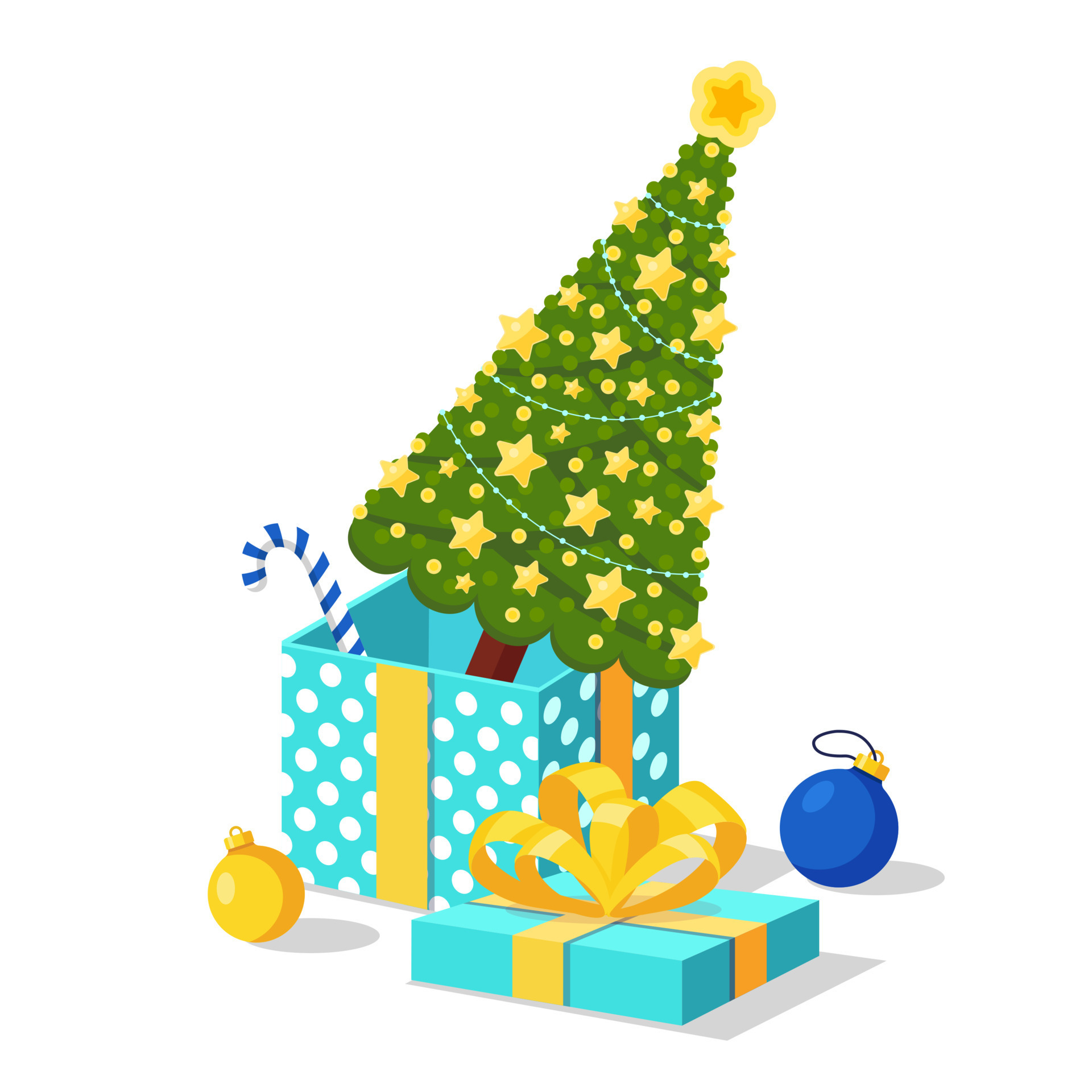 árvore de natal decorada com estrela, luzes, bolas de decoração em caixa de  presente. feliz Natal e Feliz Ano Novo 7351020 Vetor no Vecteezy