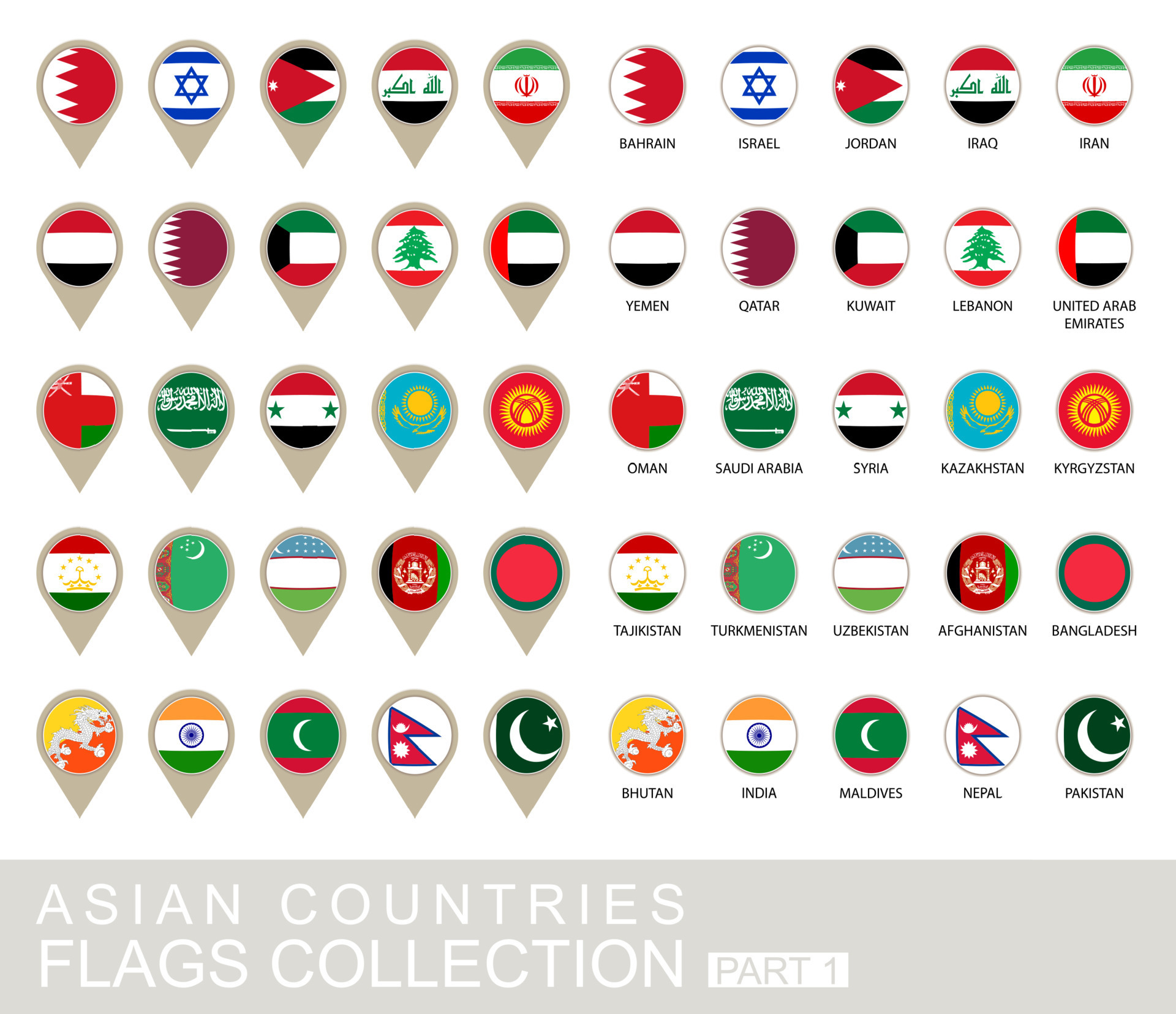 Conjunto de bandeiras de países asiáticos com acenando estilo de